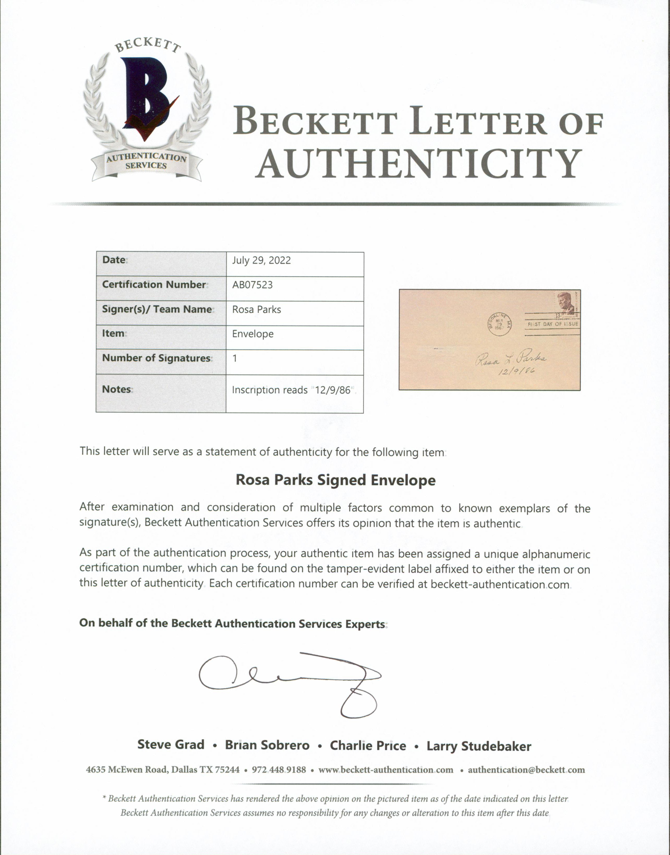 Rosa Parks "12/9/86" Signed 3.65x6.5 1960 First Day Cover Envelope BAS #AB07523
