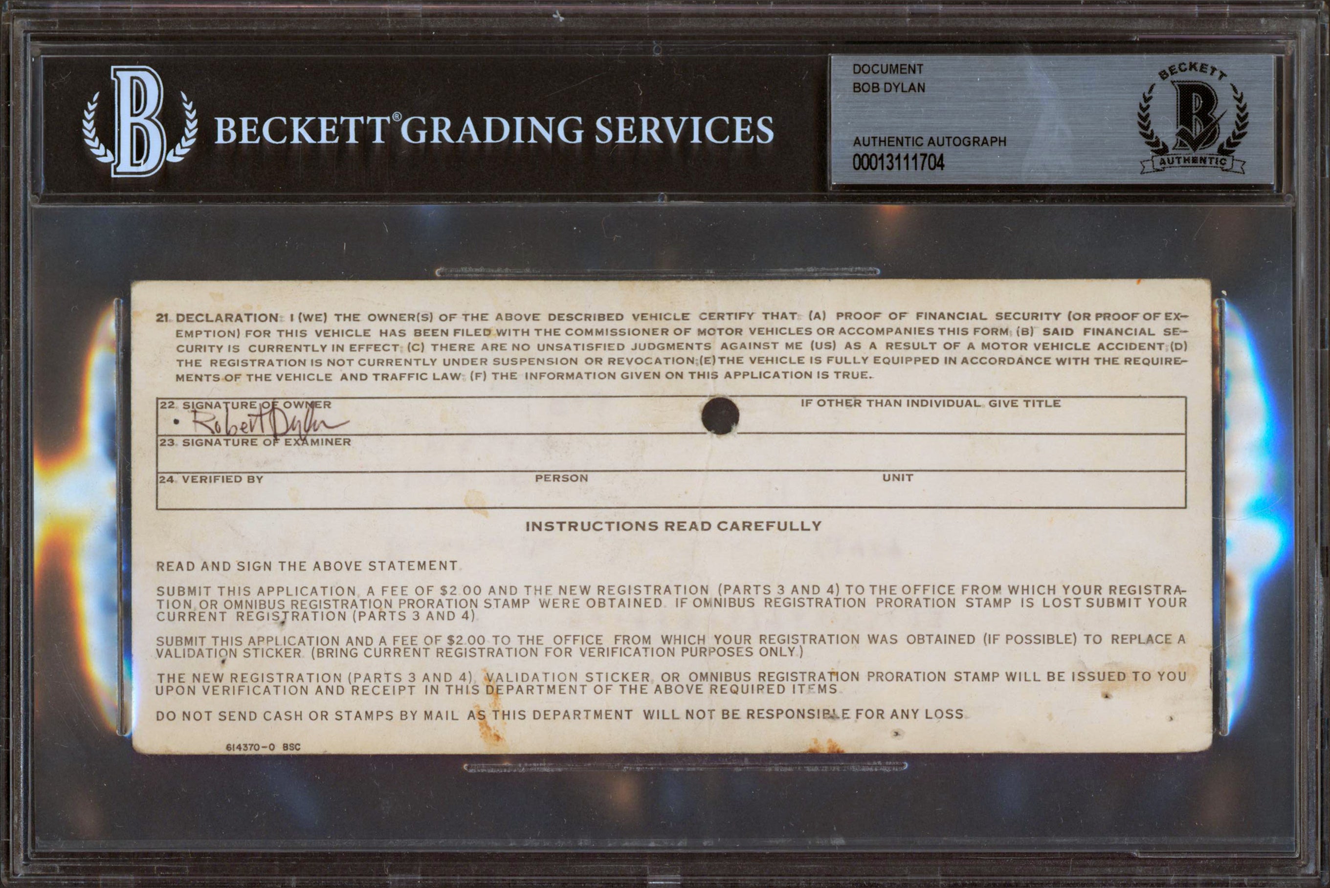 Bob Dylan Authentic Signed 3.25x7.5 DMV Registration Document BAS Slabbed