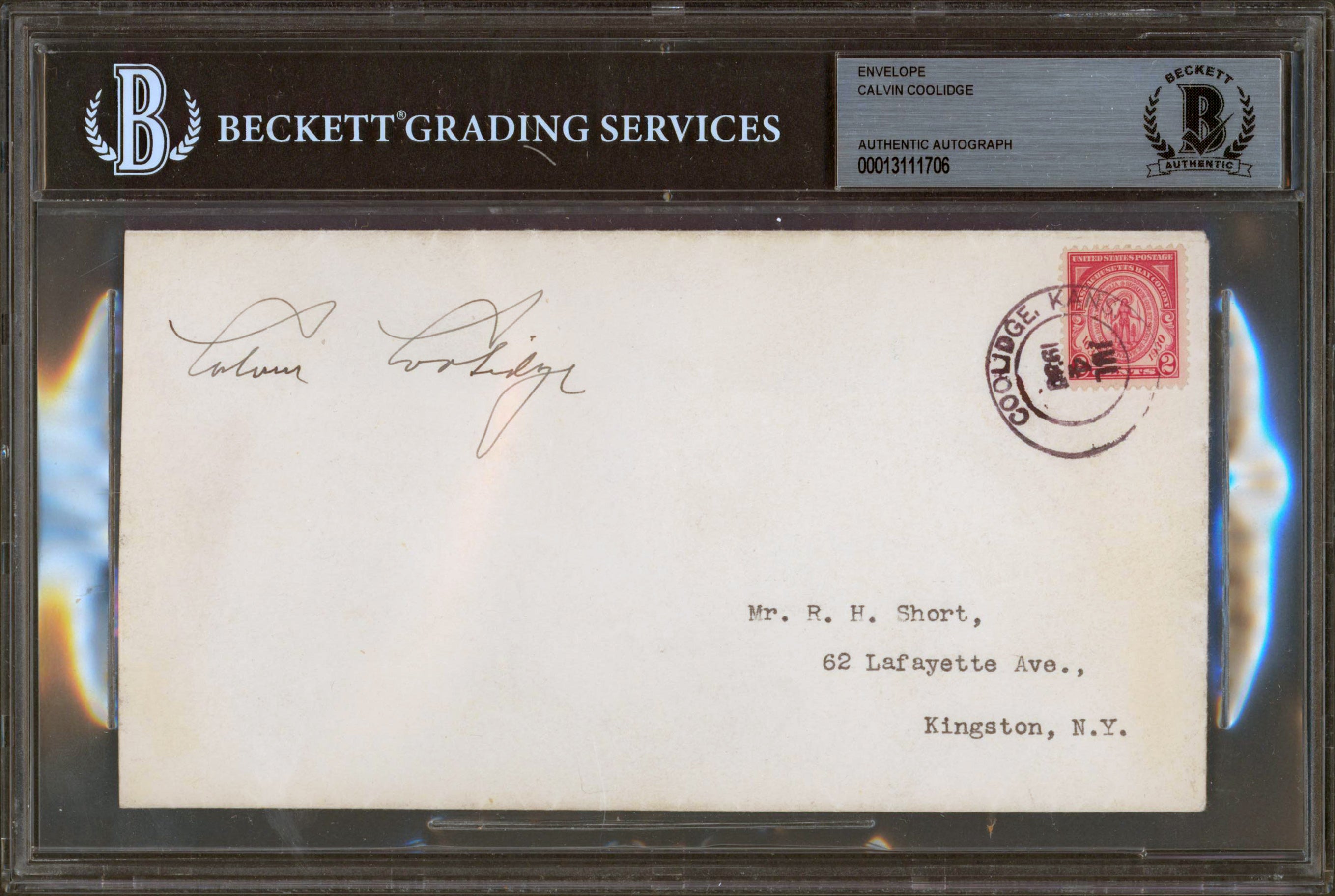 Calvin Coolidge Signed 4x7.25 Envelope Postmarked July 4, 1930 BAS Slabbed