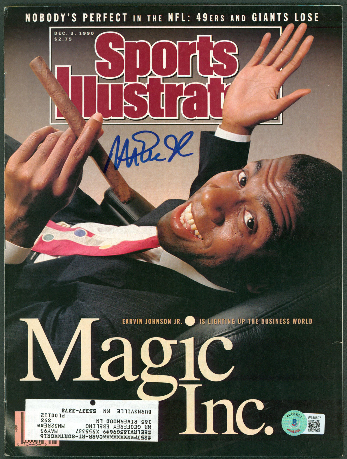 Lakers Magic Johnson Signed Dec. 1990 Sports Illustrated Magazine BAS Witnessed