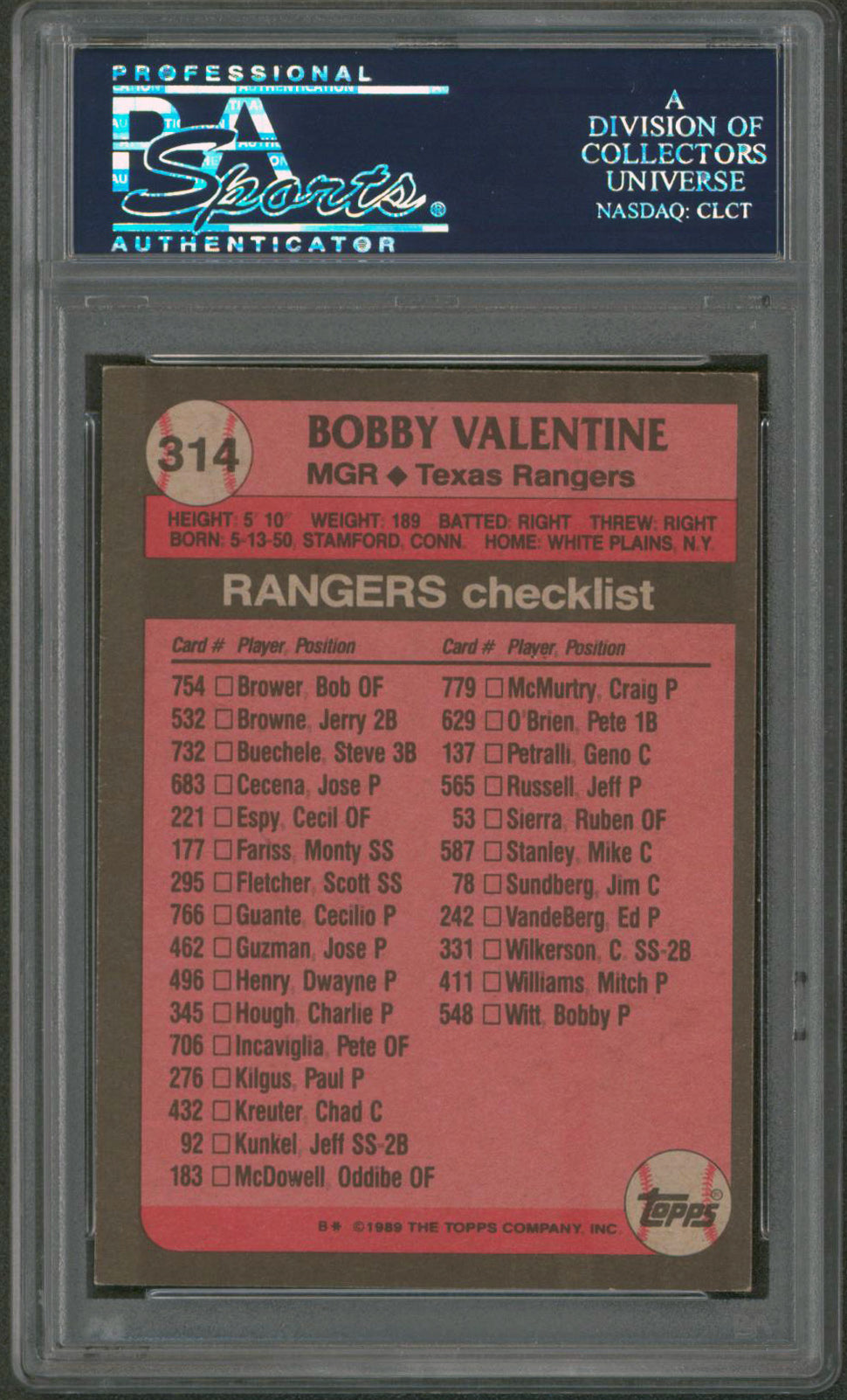 Rangers Bobby Valentine Authentic Signed Card 1989 Topps #314 PSA/DNA Slabbed