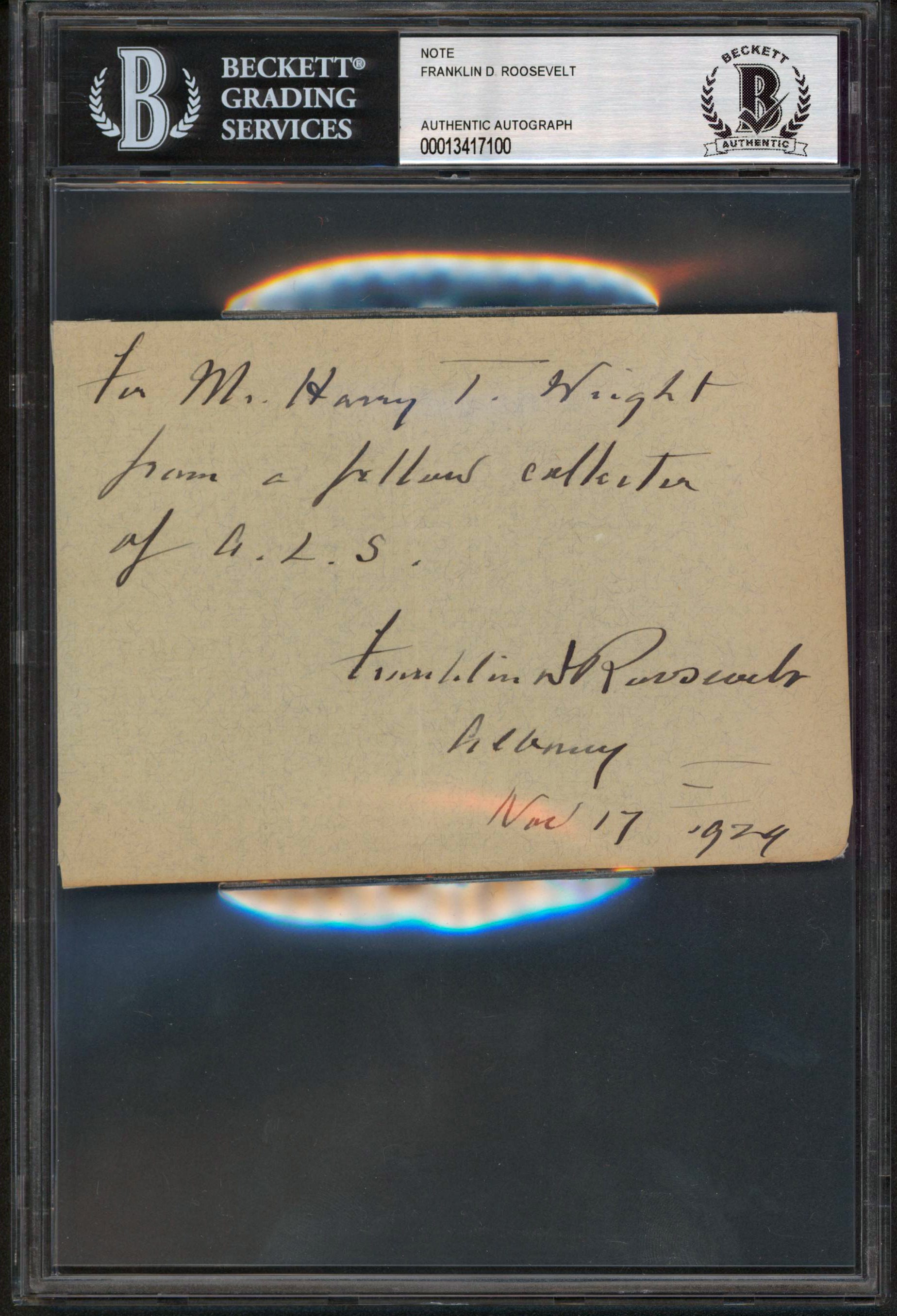 Franklin D. Roosevelt Signed 3.75x5.5 1929 Handwritten Note Auto 10! BAS Slabbed