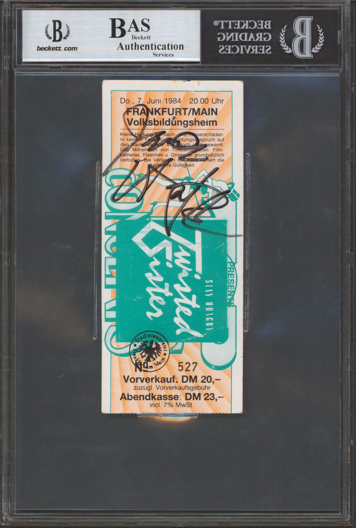 Hetfield, Burton, Ulrich & Hammett Signed 2.35x5.65 1984 Ticket Stub BAS Slabbed
