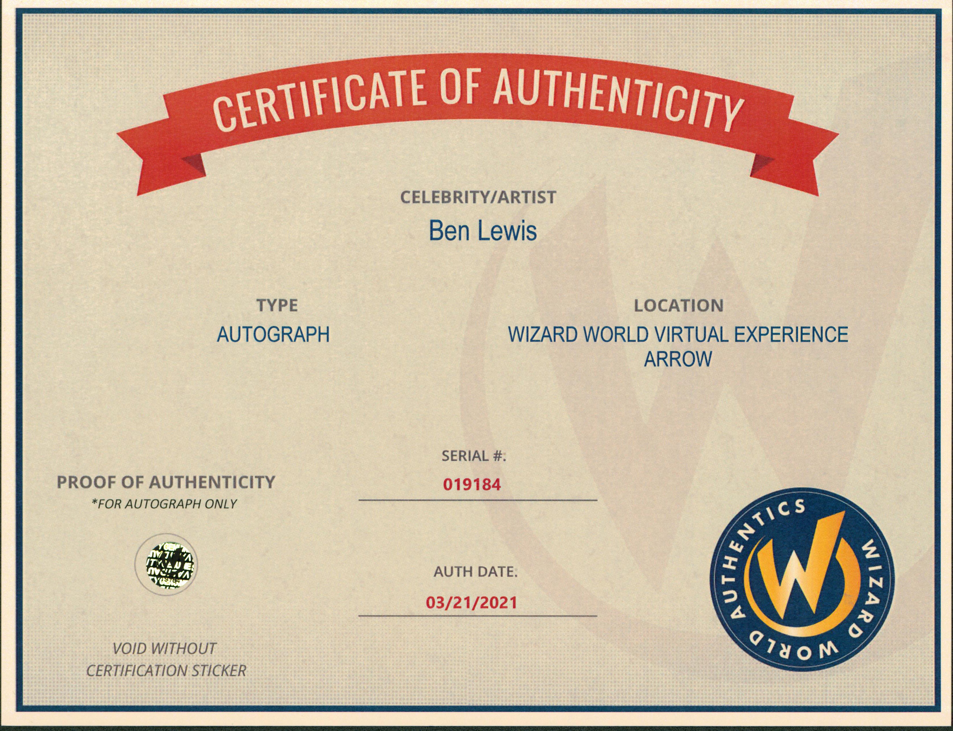 Ben Lewis Arrow Authentic Signed 8x10 Photo Autographed Wizard World