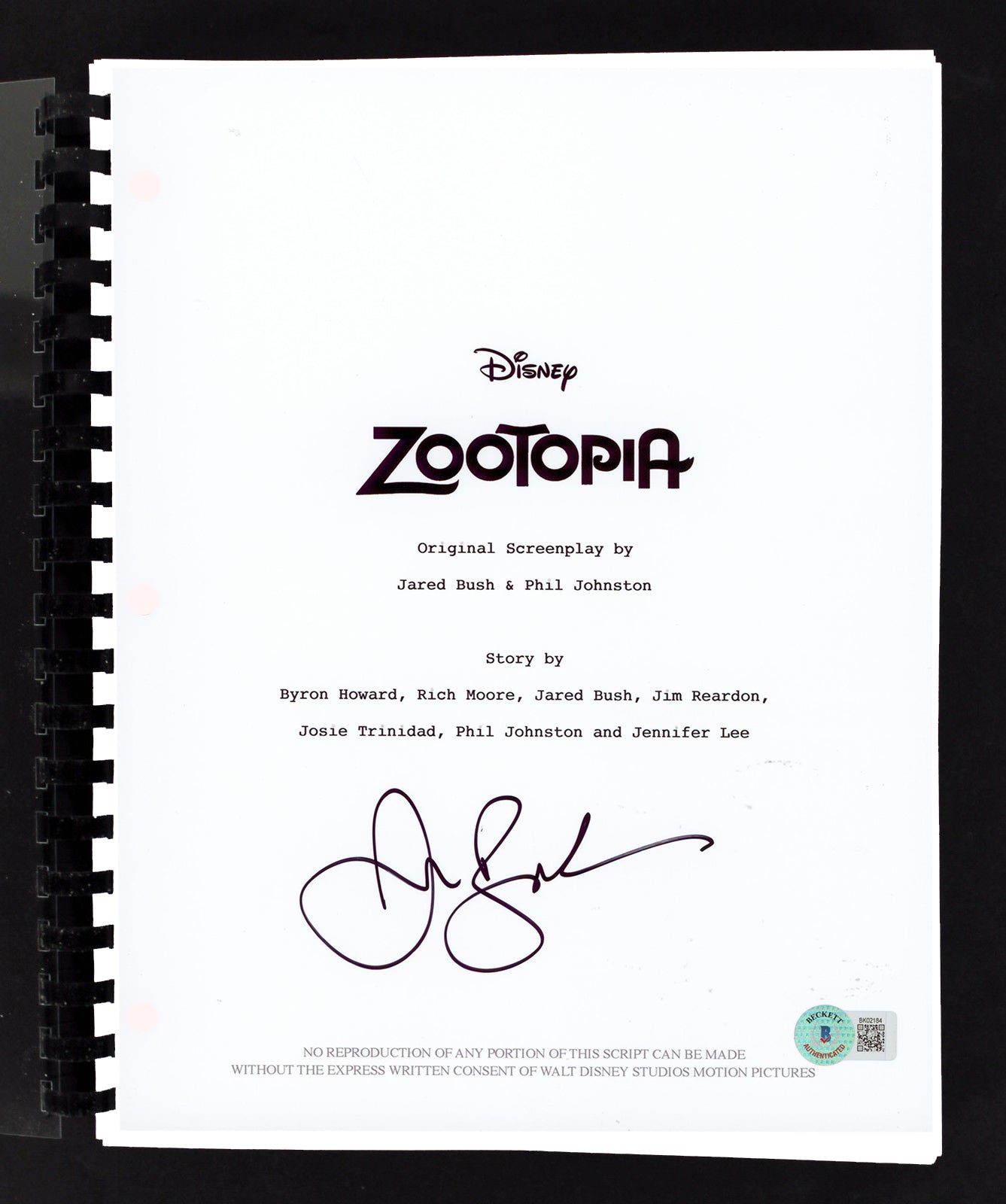 Jared Bush Zootopia Authentic Signed Movie Script Autographed BAS #BK02184