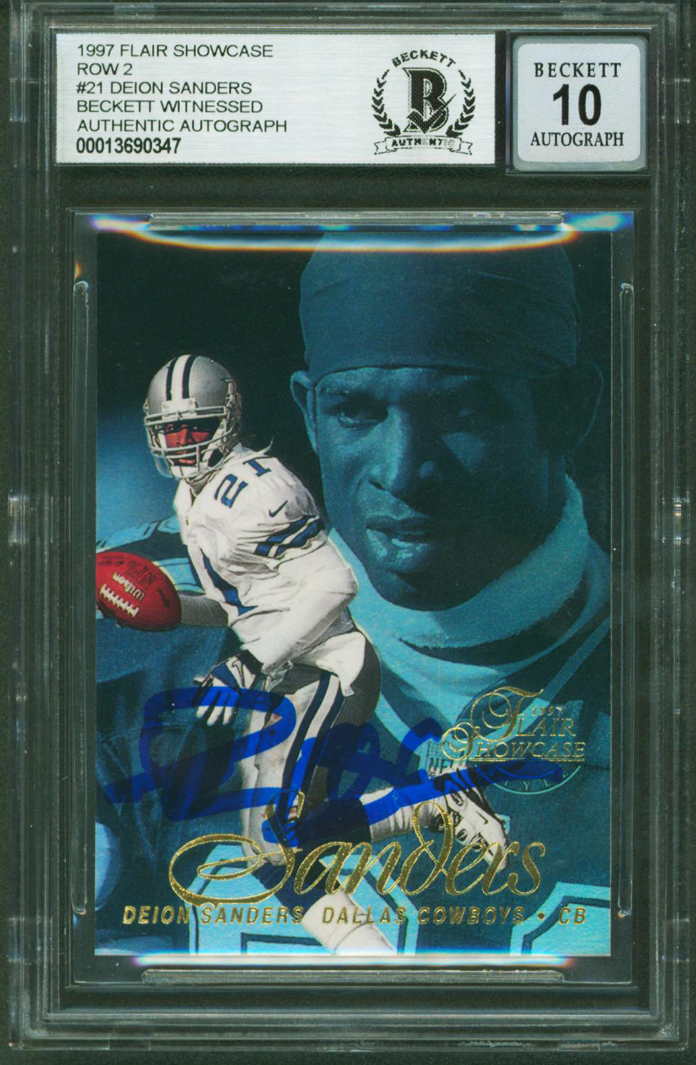 Cowboys Deion Sanders Signed 1997 Flair Showcase Row 2 #21 Card Auto 10 BAS Slab
