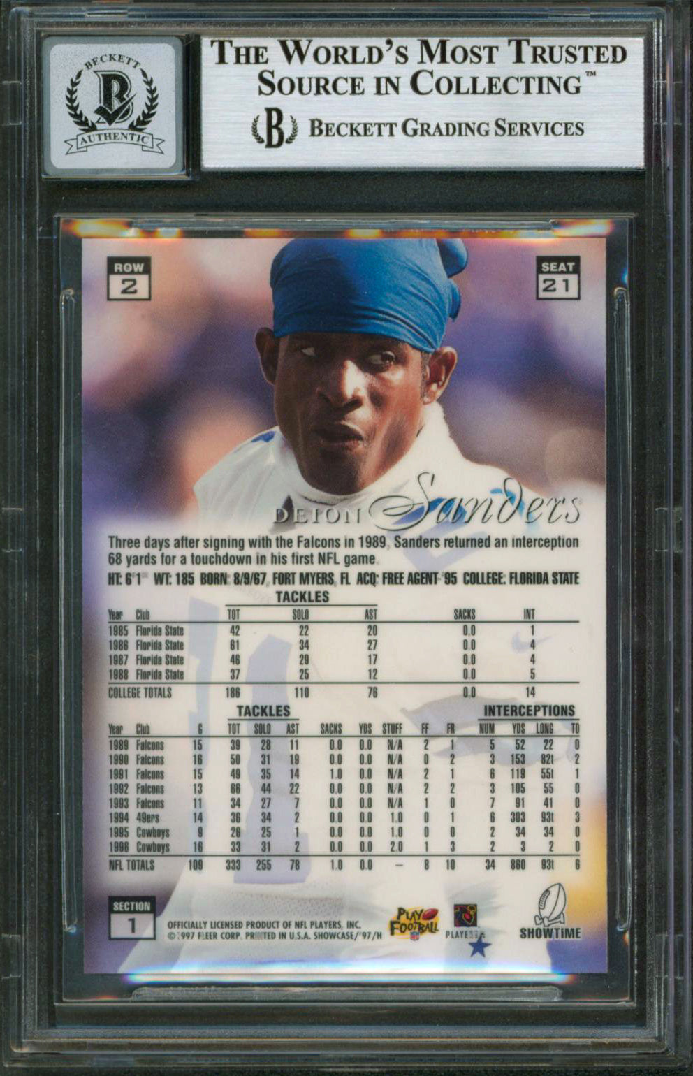 Cowboys Deion Sanders Signed 1997 Flair Showcase Row 2 #21 Card Auto 10 BAS Slab