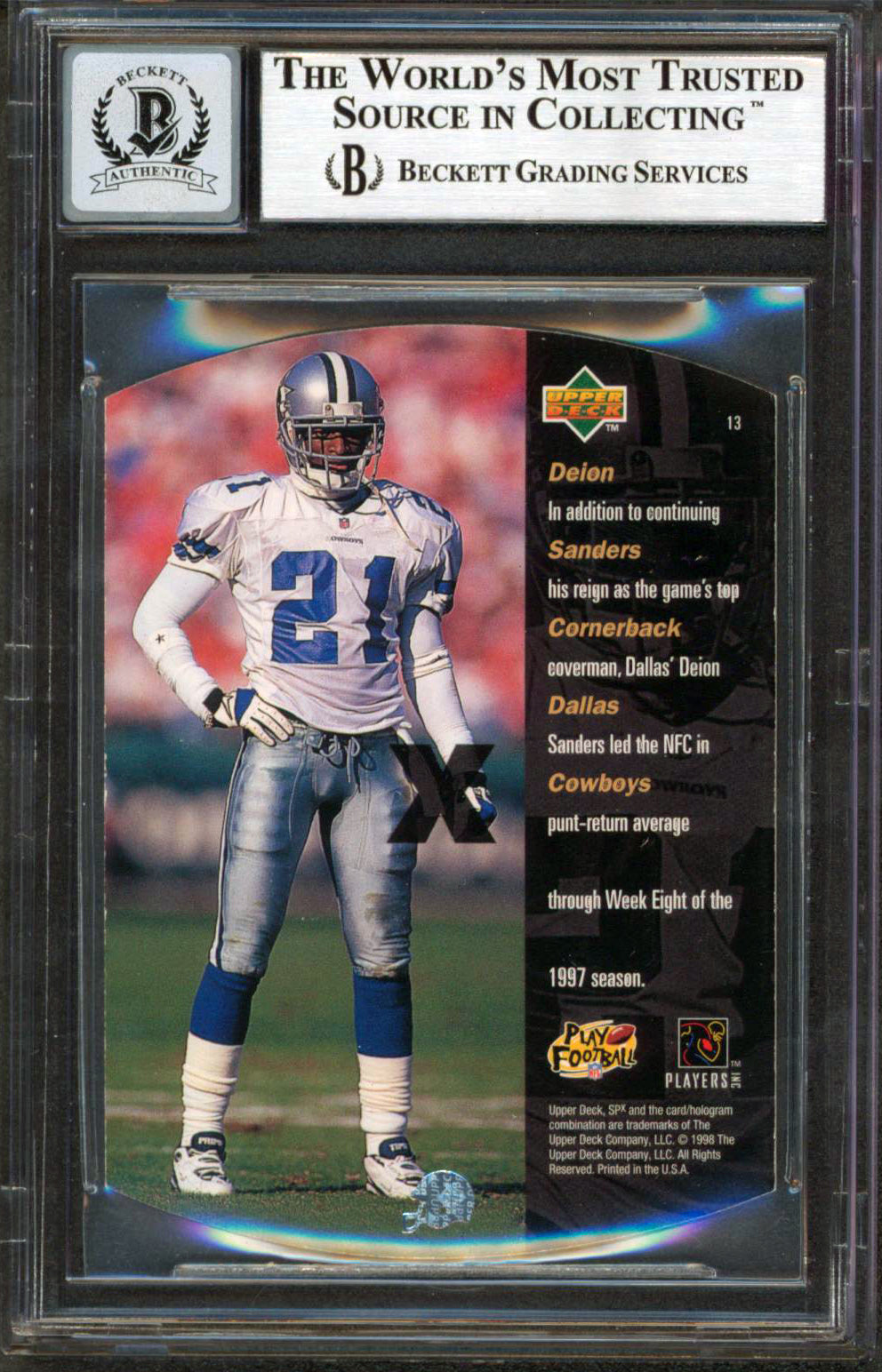 Cowboys Deion Sanders Signed 1998 SPX #13 Card Auto Graded 10! BAS Slabbed