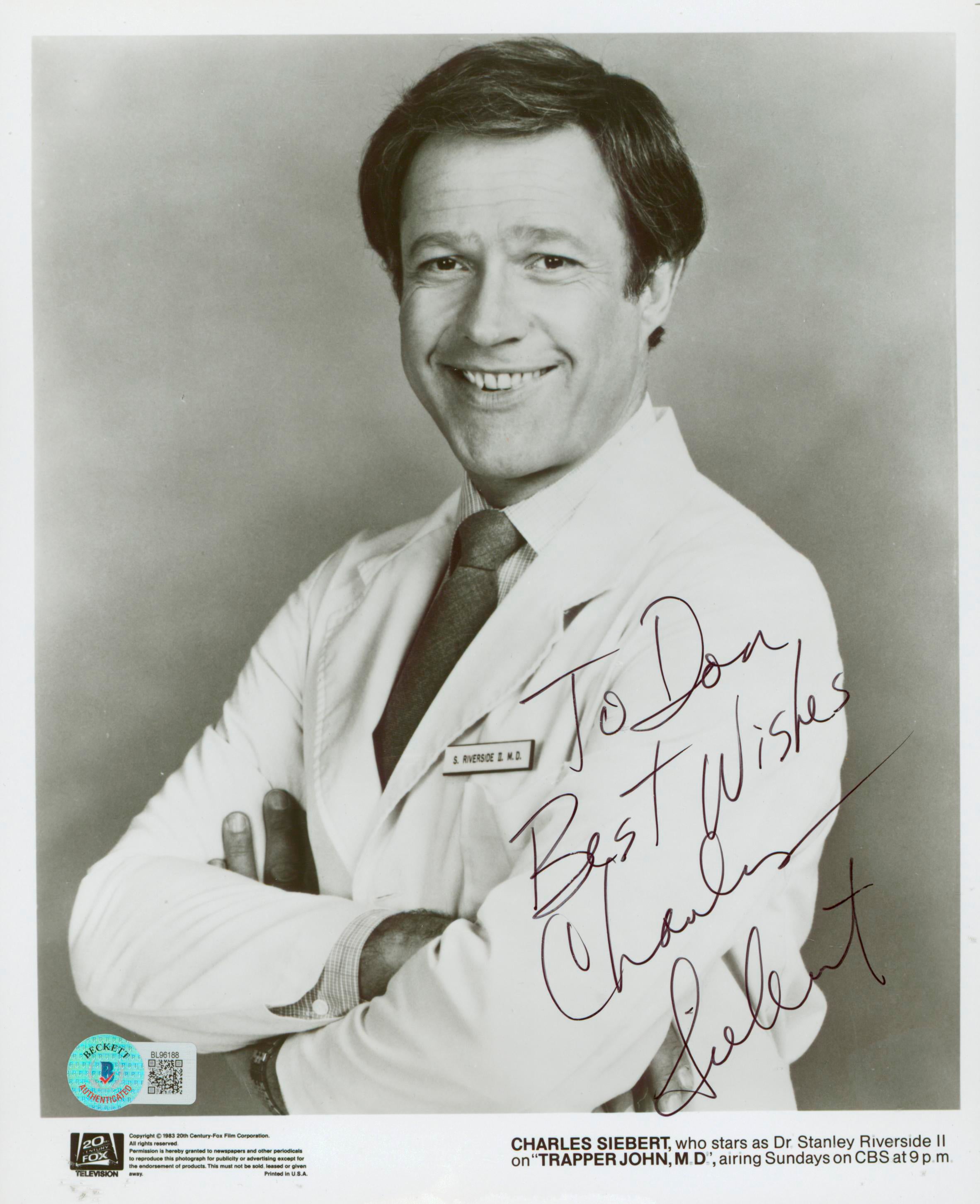 Charles Siebert Trapper John, M.D. "Best Wishes" Signed 8x10 Photo BAS #BL96188