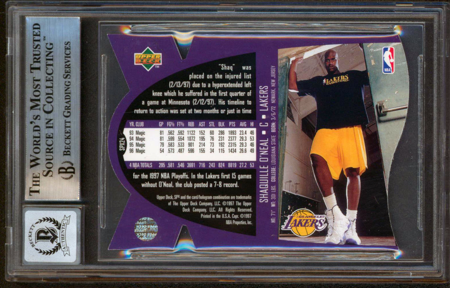 Magic Shaquille O'Neal Signed 1997 SPX #24 Card Auto Graded 10! BAS Slabbed