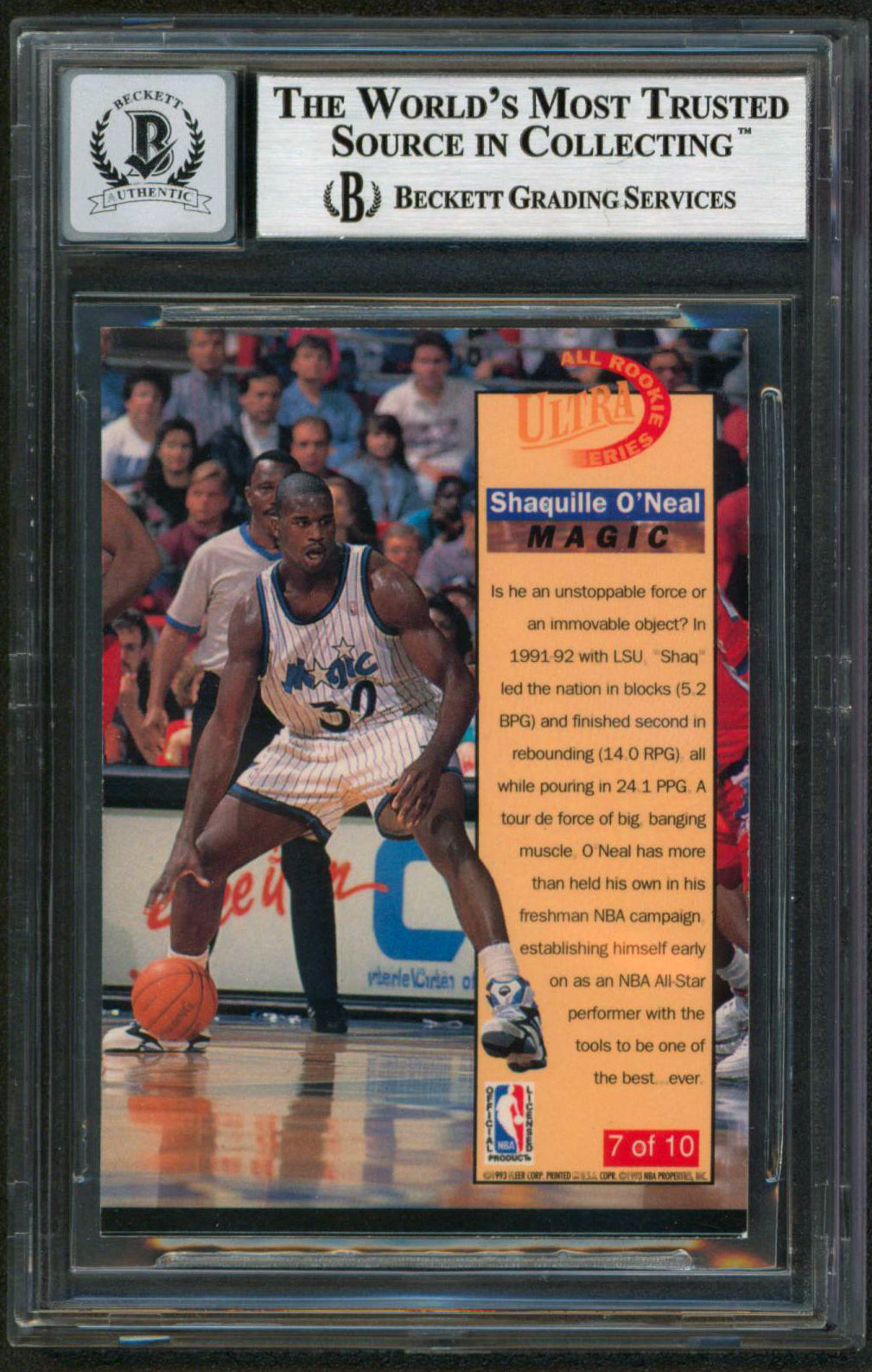 Magic Shaquille O'Neal Signed 1992 Ultra All-Rookies #7 Card Auto 10 BAS Slabbed