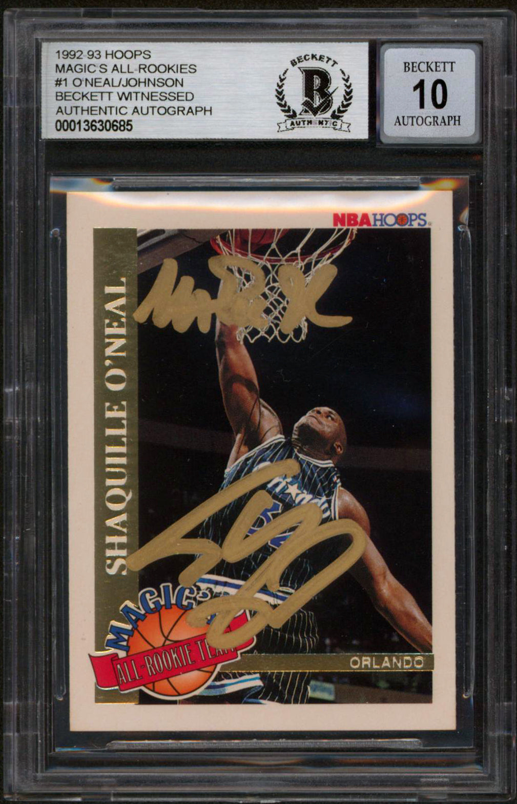 Shaquille O'Neal & Magic Johnson Signed 1992 Hoops #S13 Card Auto 10 BAS Slabbed