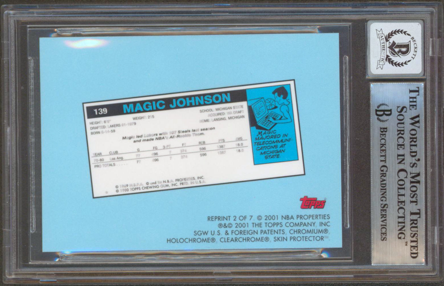 Lakers Magic Johnson Signed 2000 Topps Chrome Reprints #2 Card Auto 10! BAS Slab