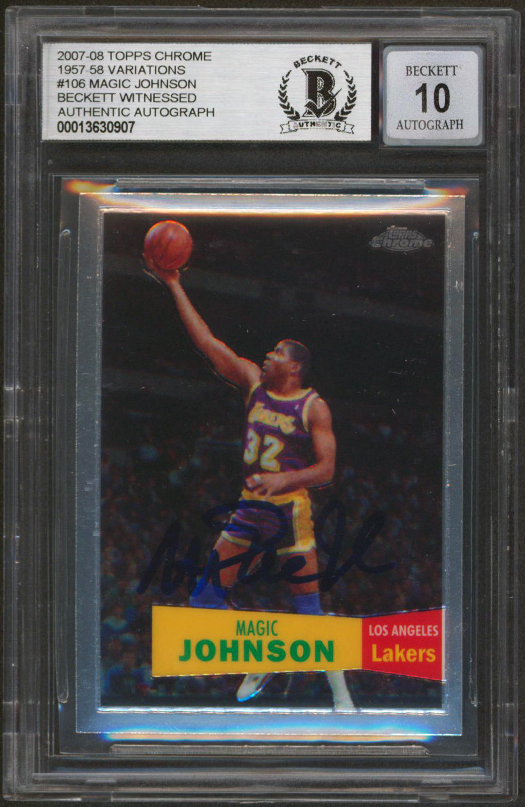 Lakers Magic Johnson Signed 2007 Topps Chrome '57 Var #106 Card Auto 10 BAS Slab