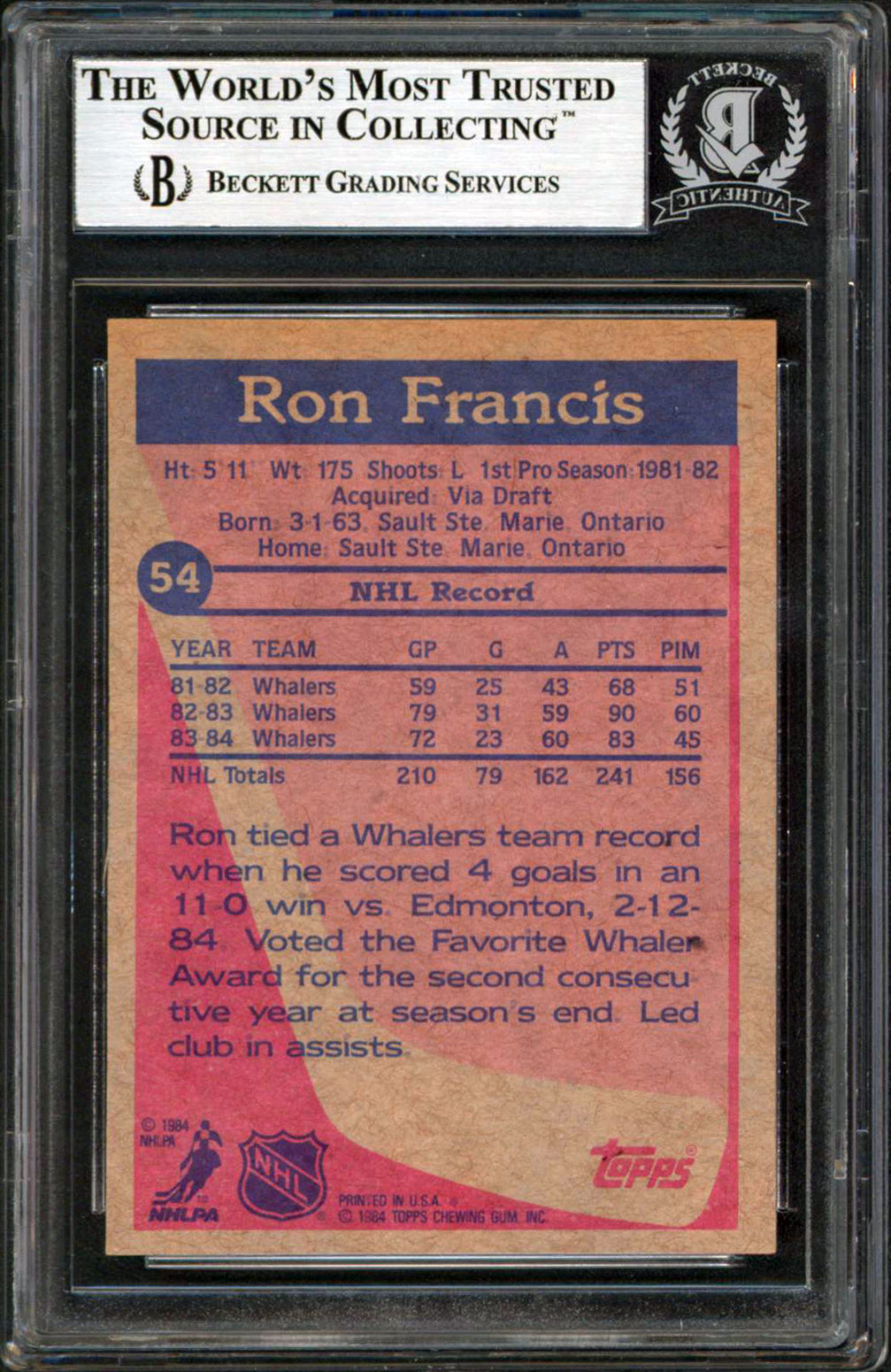Whalers Ron Francis Authentic Signed 1984-85 Topps #54 Card BAS Slabbed