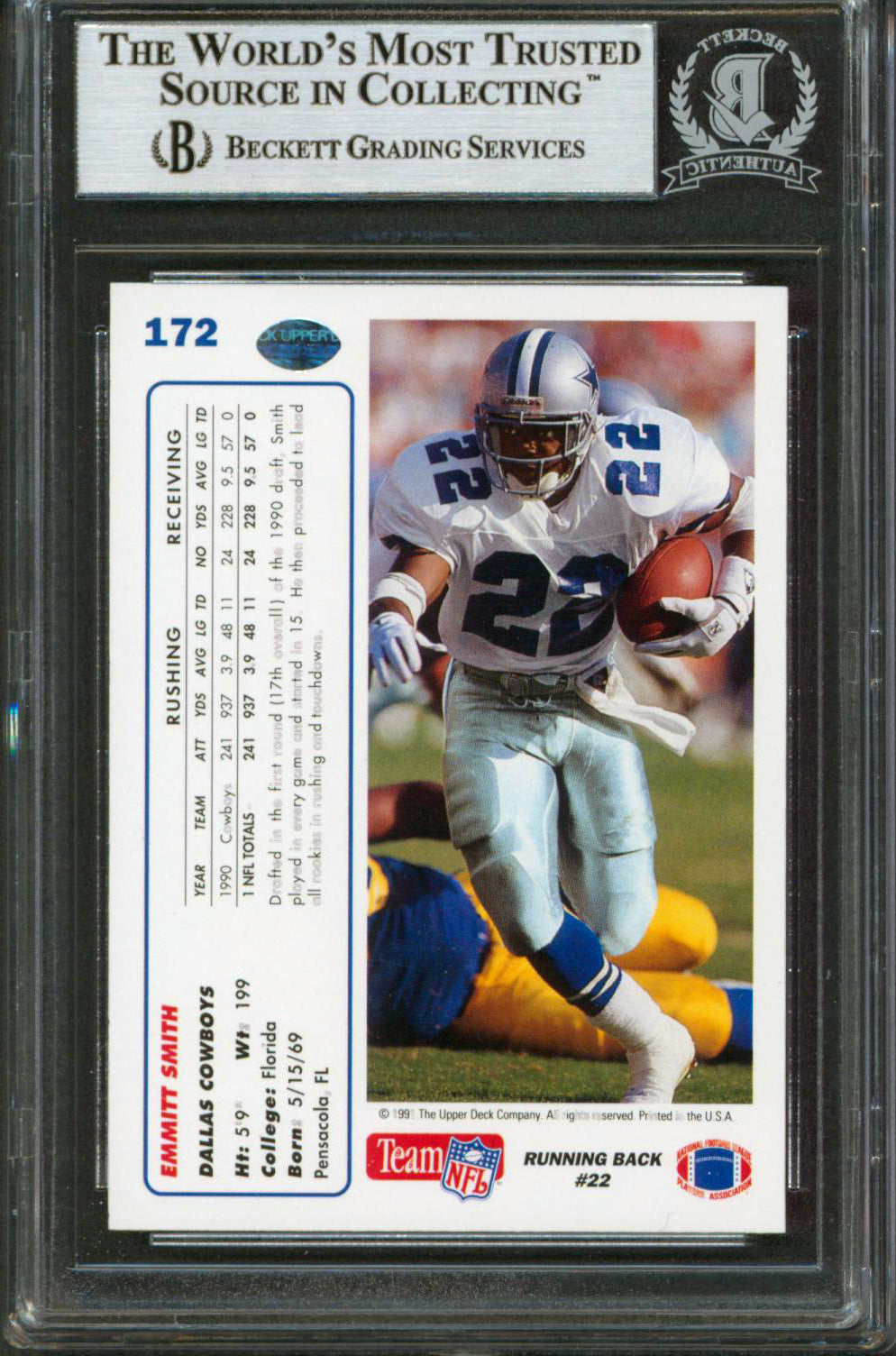 Cowboys Emmitt Smith Authentic Signed 1991 Upper Deck #172 Card BAS Slabbed