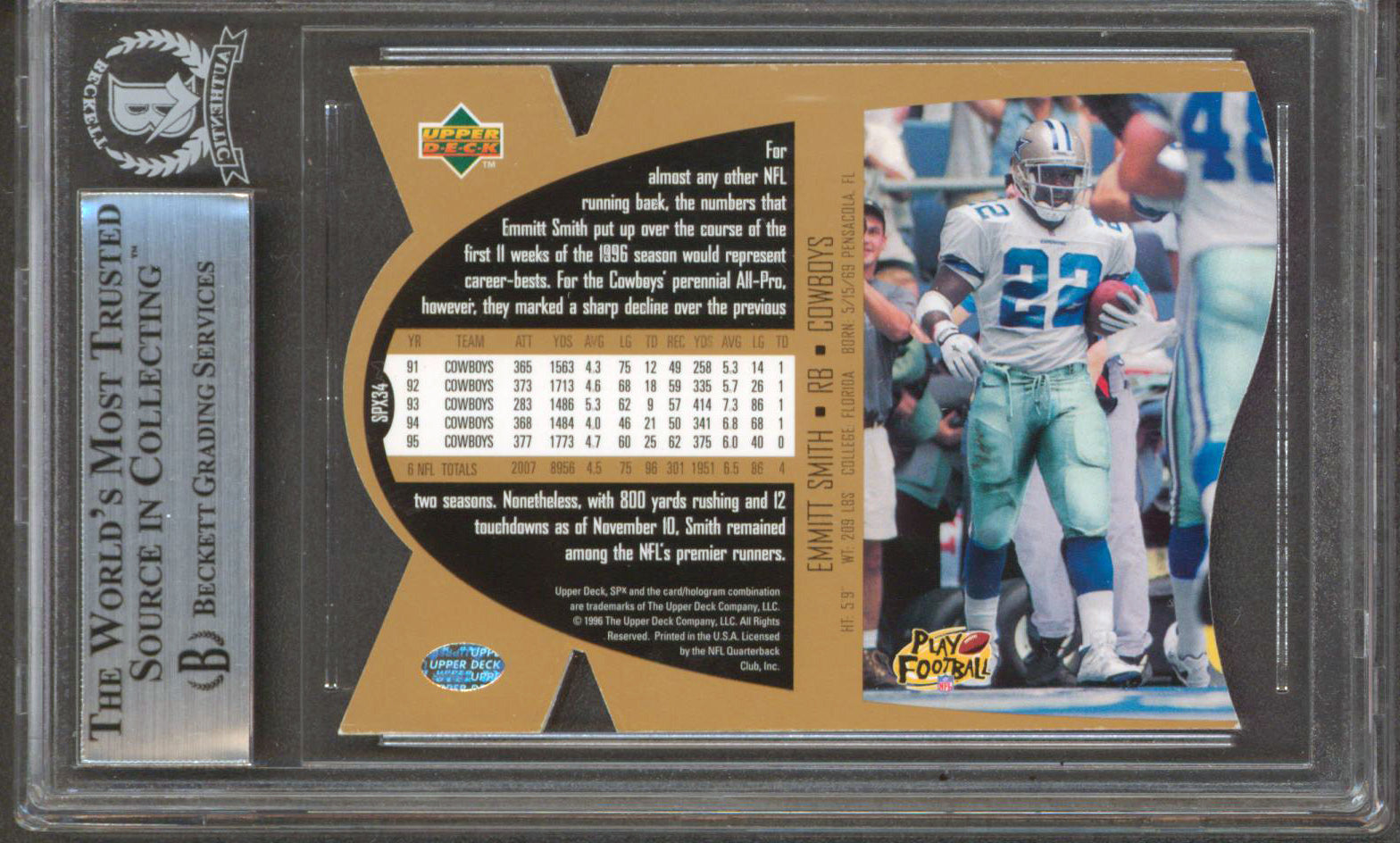 Cowboys Emmitt Smith Authentic Signed 1997 SPX Gold #34 Card BAS Slabbed