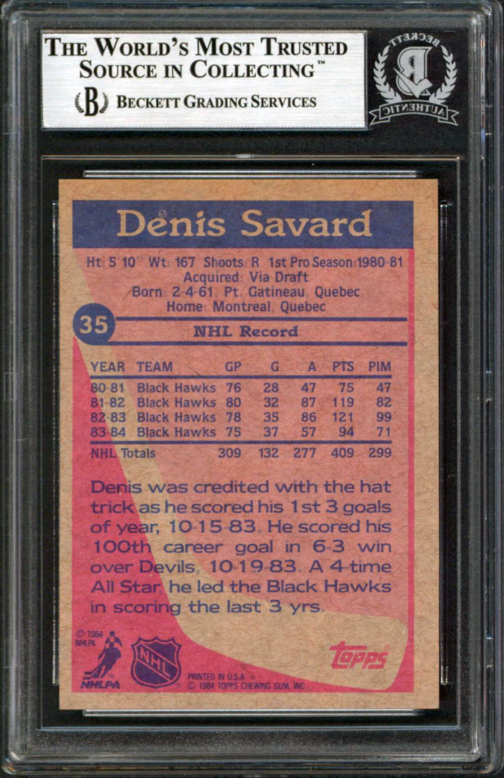 Blackhawks Denis Savard Authentic Signed 1984 Topps #35 Card BAS Slabbed