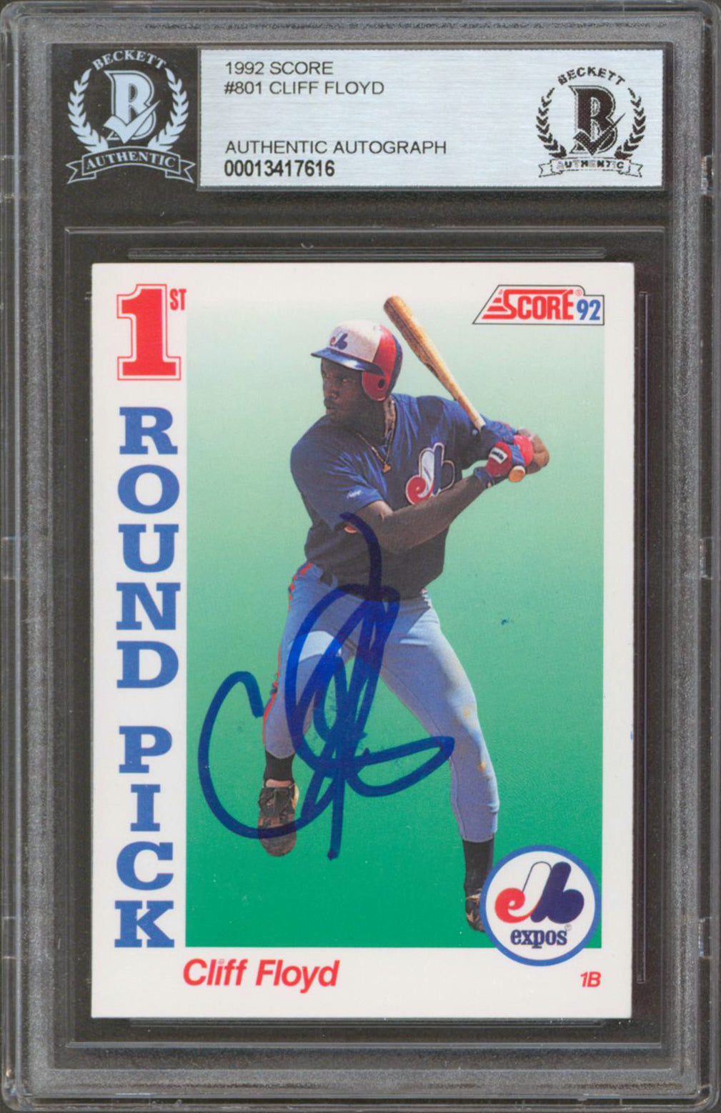 Expos Cliff Floyd Authentic Signed 1992 Score #801 Rookie Card BAS Slabbed