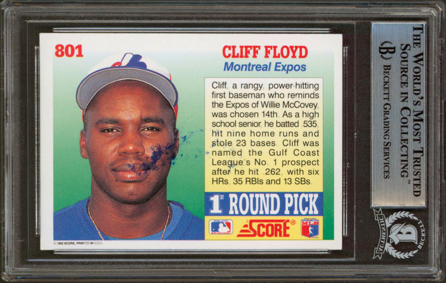 Expos Cliff Floyd Authentic Signed 1992 Score #801 Rookie Card BAS Slabbed