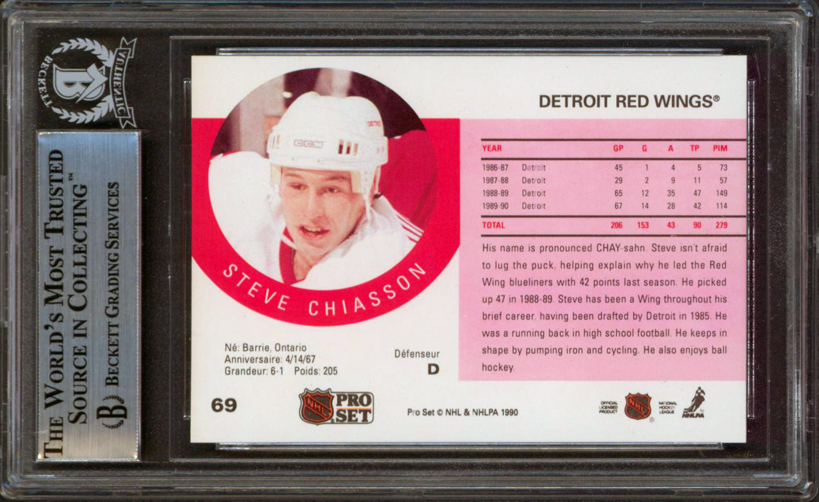 Red Wings Steve Chiasson Authentic Signed 1990 Pro Set #69 Card BAS Slabbed