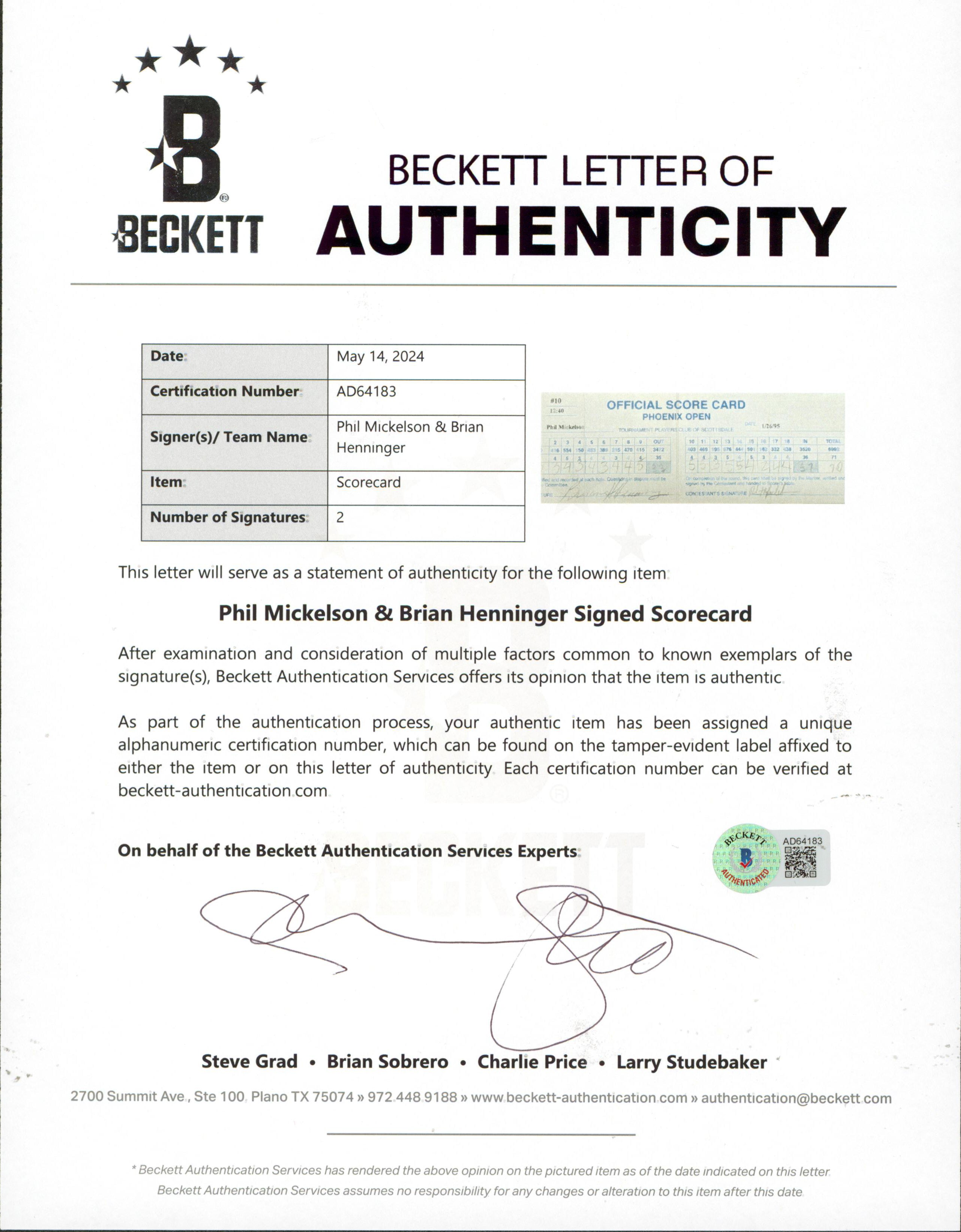 Phil Mickelson & Brian Henninger Signed 1995 Phoenix Open Scorecard BAS #AD64183