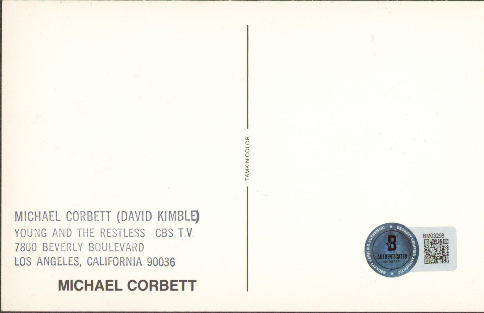 Michael Corbett The Young and the Restless Signed 3.5x5.5 Postcard BAS #BM03298