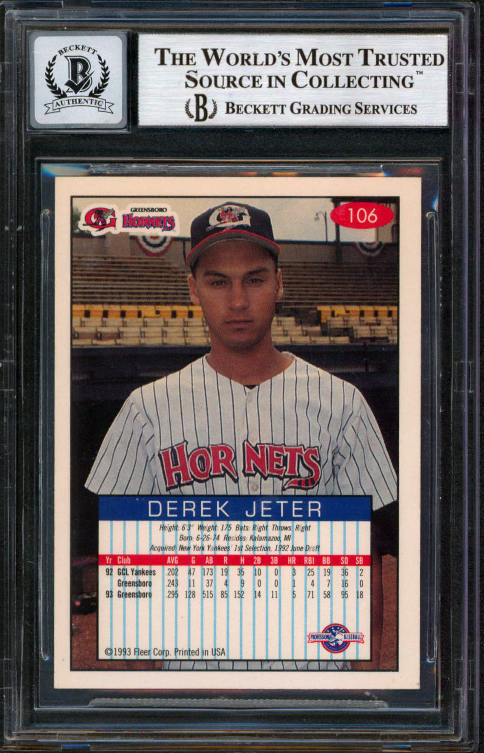 Yankees Derek Jeter Signed 1993 Excel #106 Rookie Card Auto 10! BAS Slabbed