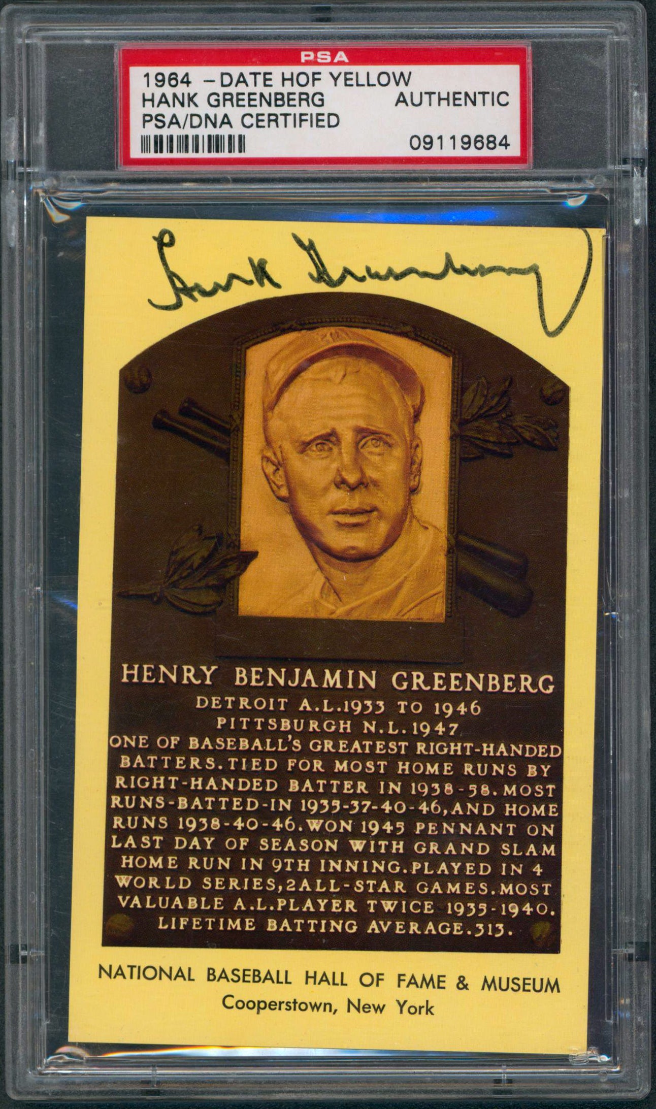 Tigers Hank Greenberg Signed 1964 - Date HOF Yellow 3.35x5.25 Postcard PSA Slabbed