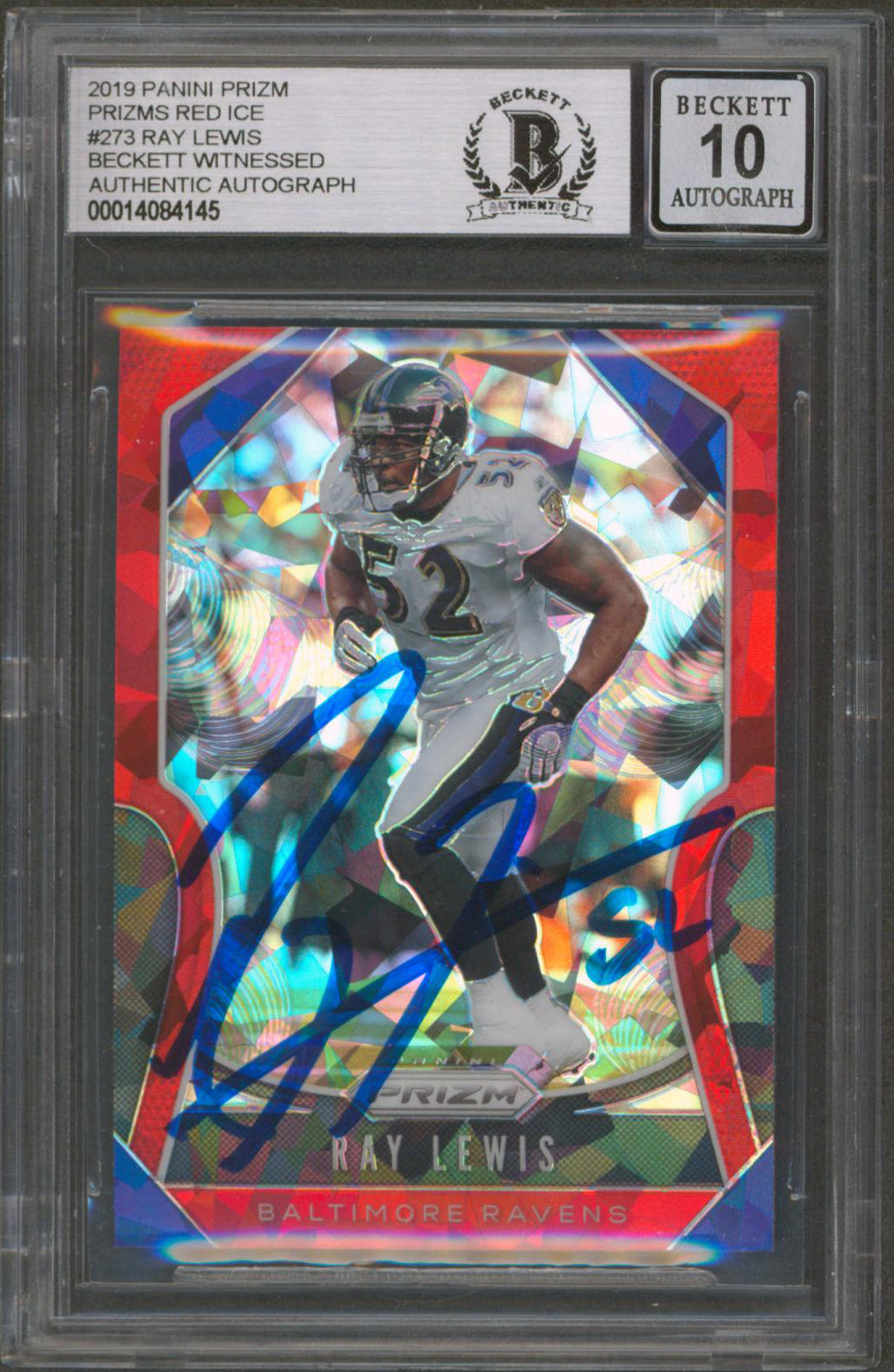 Ravens Ray Lewis Signed 2019 Panini Prizms Red Ice #273 Card Auto 10 BAS Slabbed