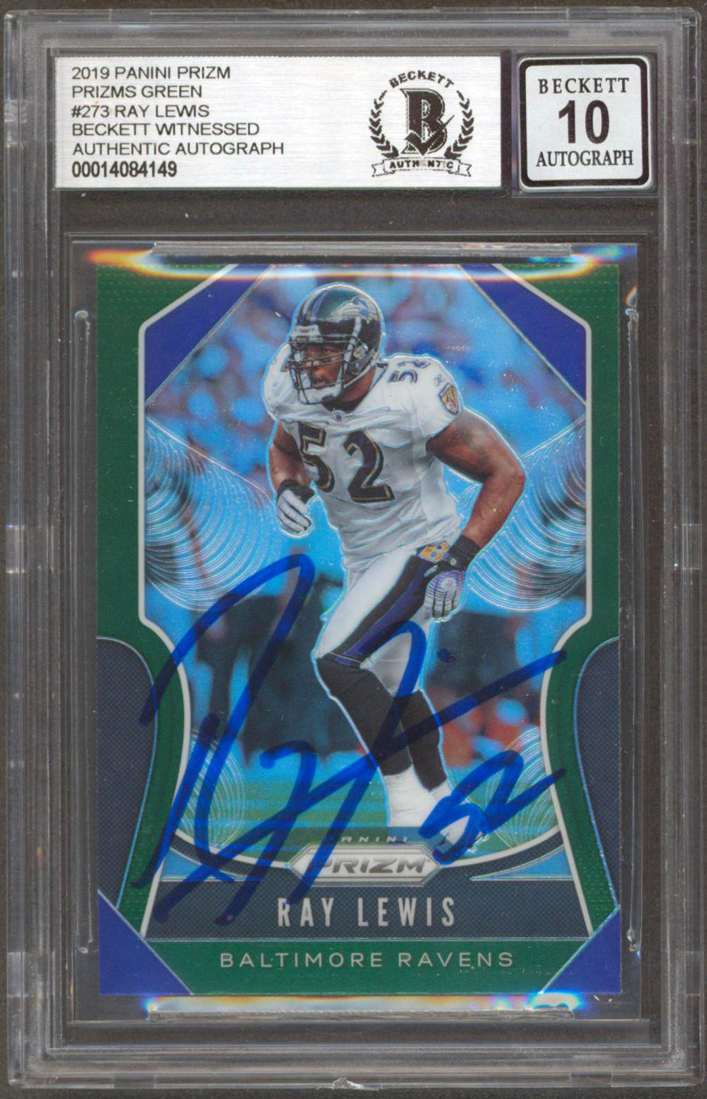 Ravens Ray Lewis Signed 2019 Panini Prizms Green #273 Card Auto 10! BAS Slabbed
