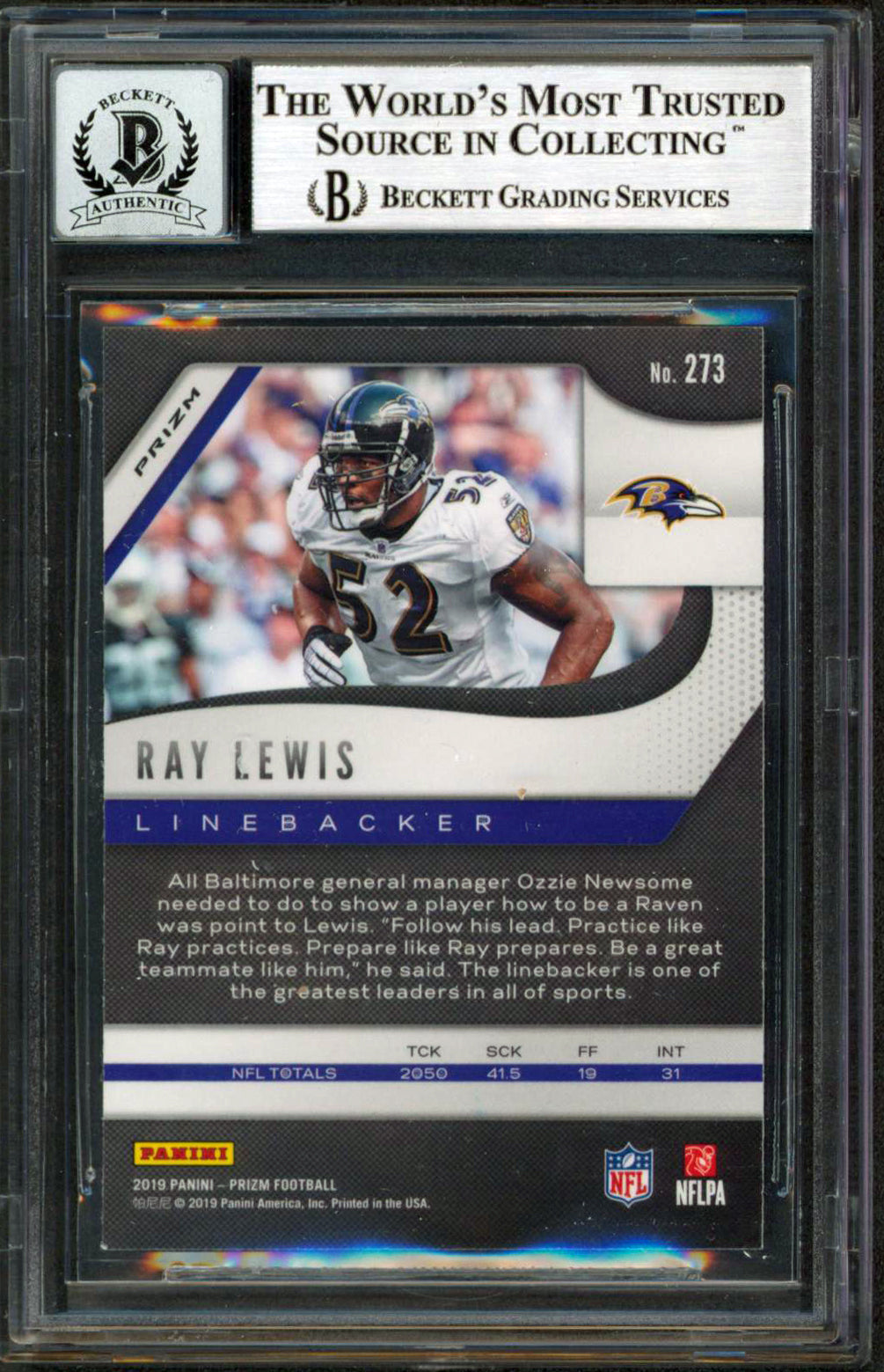 Ravens Ray Lewis Signed 2019 Panini Prizms Green #273 Card Auto 10! BAS Slabbed