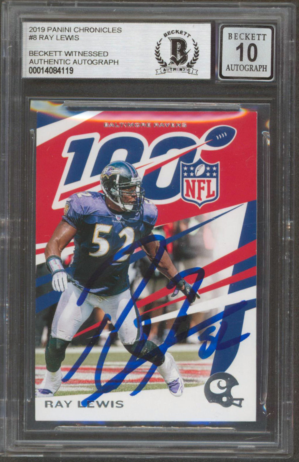 Ravens Ray Lewis Signed 2019 Panini Chronicles #8 Card Auto 10! BAS Slabbed