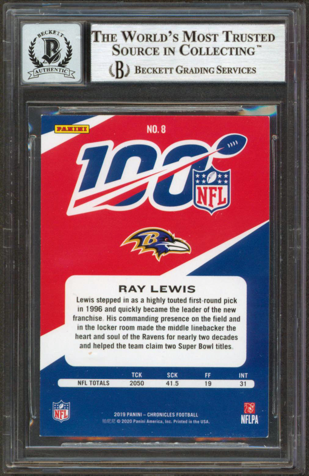 Ravens Ray Lewis Signed 2019 Panini Chronicles #8 Card Auto 10! BAS Slabbed