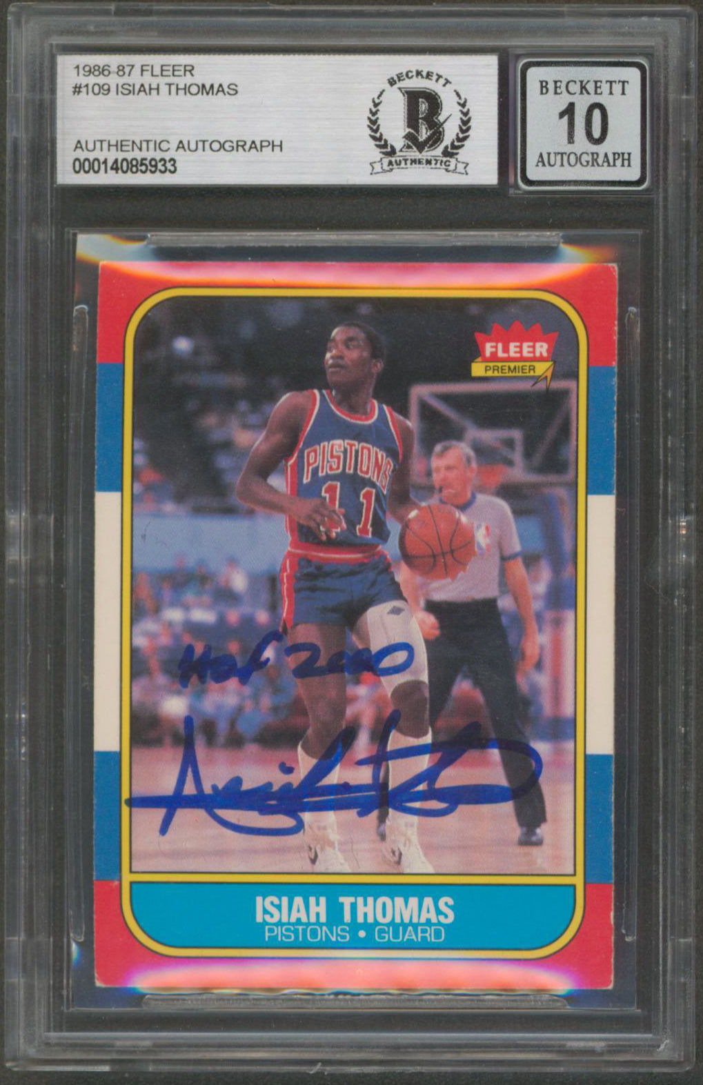Pistons Isiah Thomas HOF 2000 Signed 1986 Fleer #109 RC Card Auto 10 BAS Slabbed