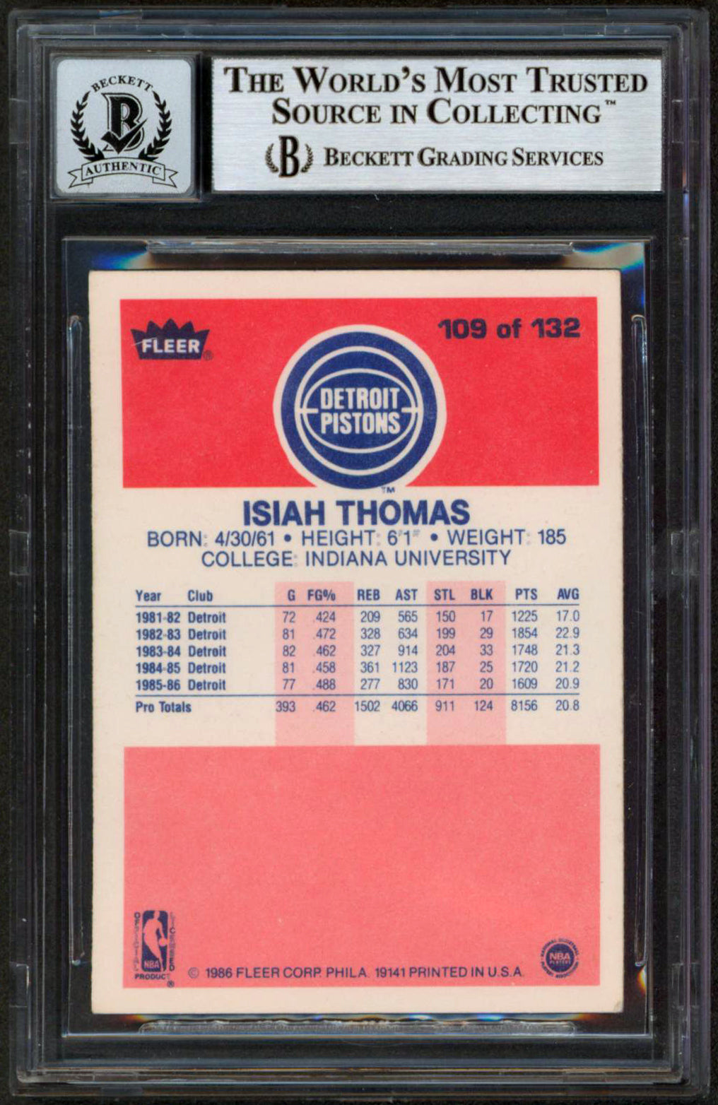 Pistons Isiah Thomas HOF 2000 Signed 1986 Fleer #109 RC Card Auto 10 BAS Slabbed