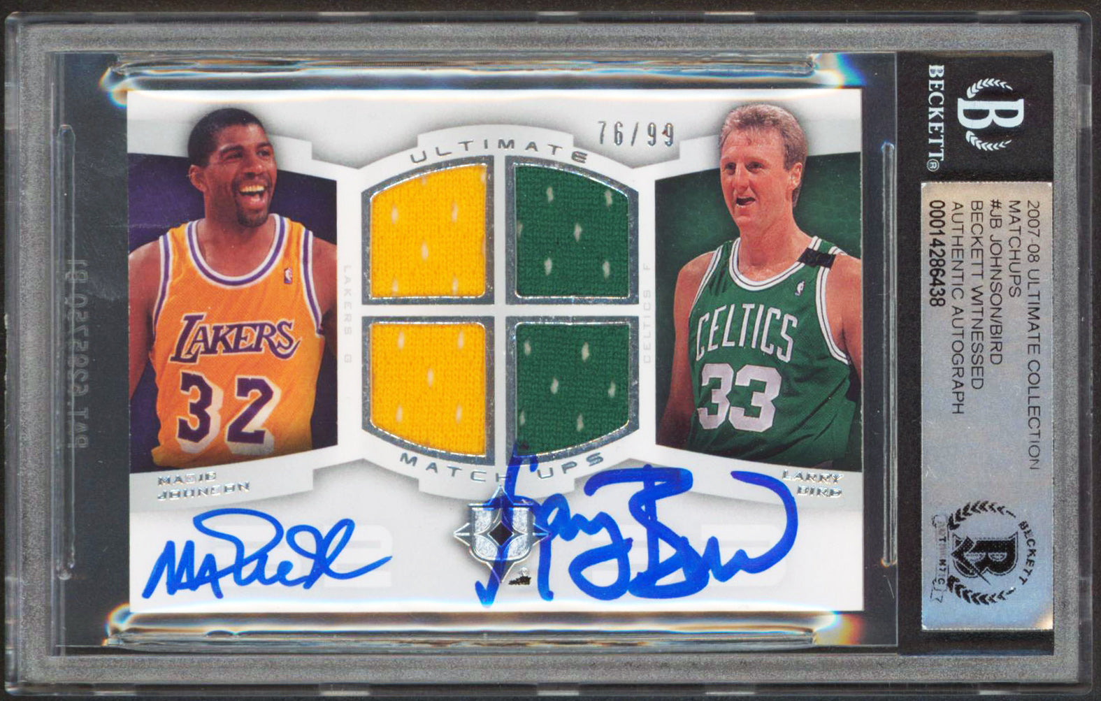 Magic Johnson & Larry Bird Signed 2007 UC Matchups #JB #76/99 Card BAS Slabbed