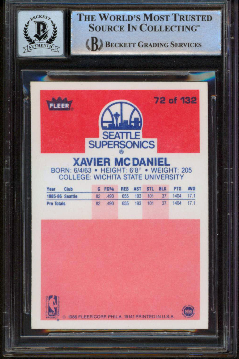 Sonics Xavier McDaniel Authentic Signed 1986 Fleer #72 Card Auto 10! BAS Slabbed