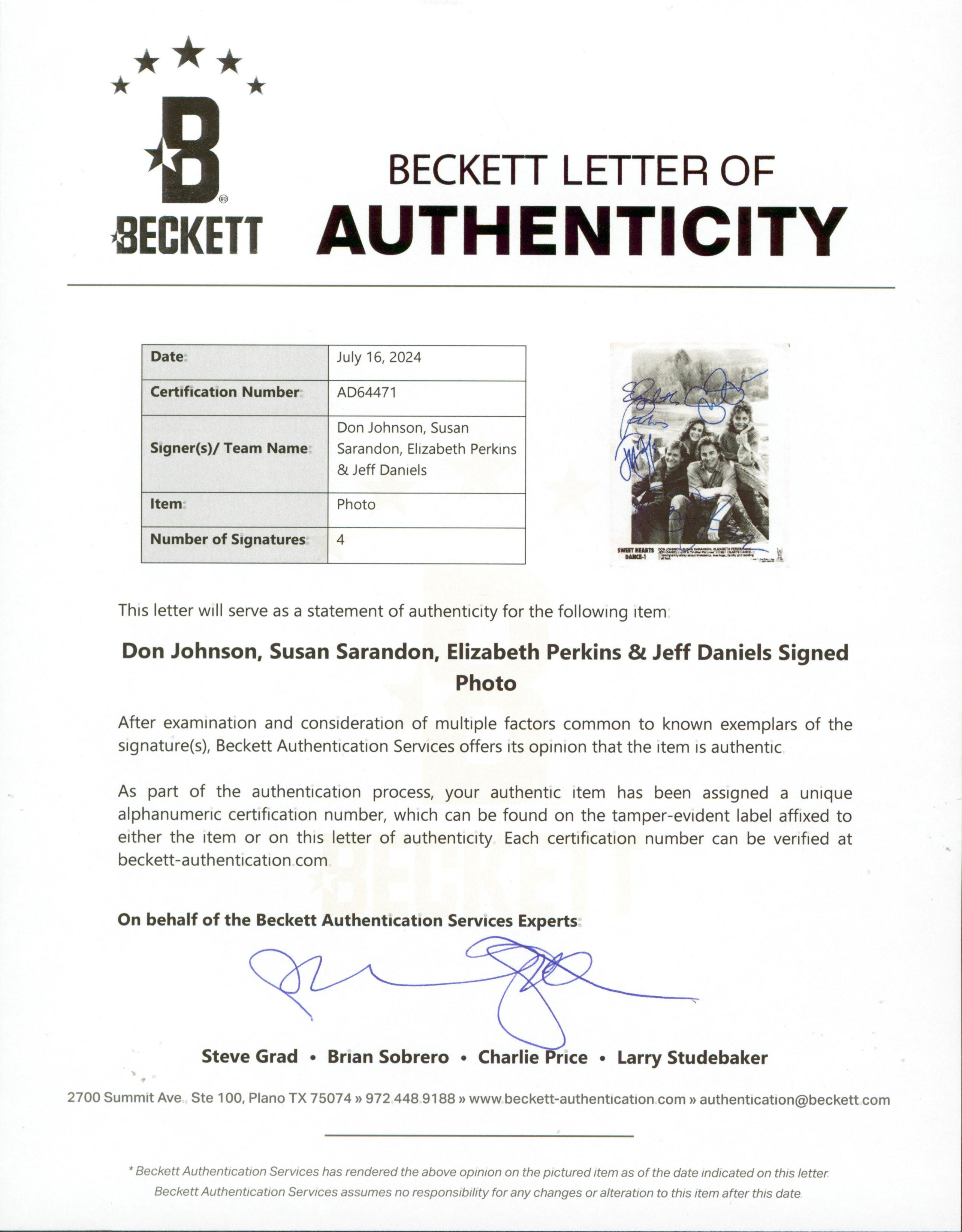 Sweet Hearts Dance (4) Johnson, Sarandon, Perkins, Daniels Signed 8x10 Photo BAS