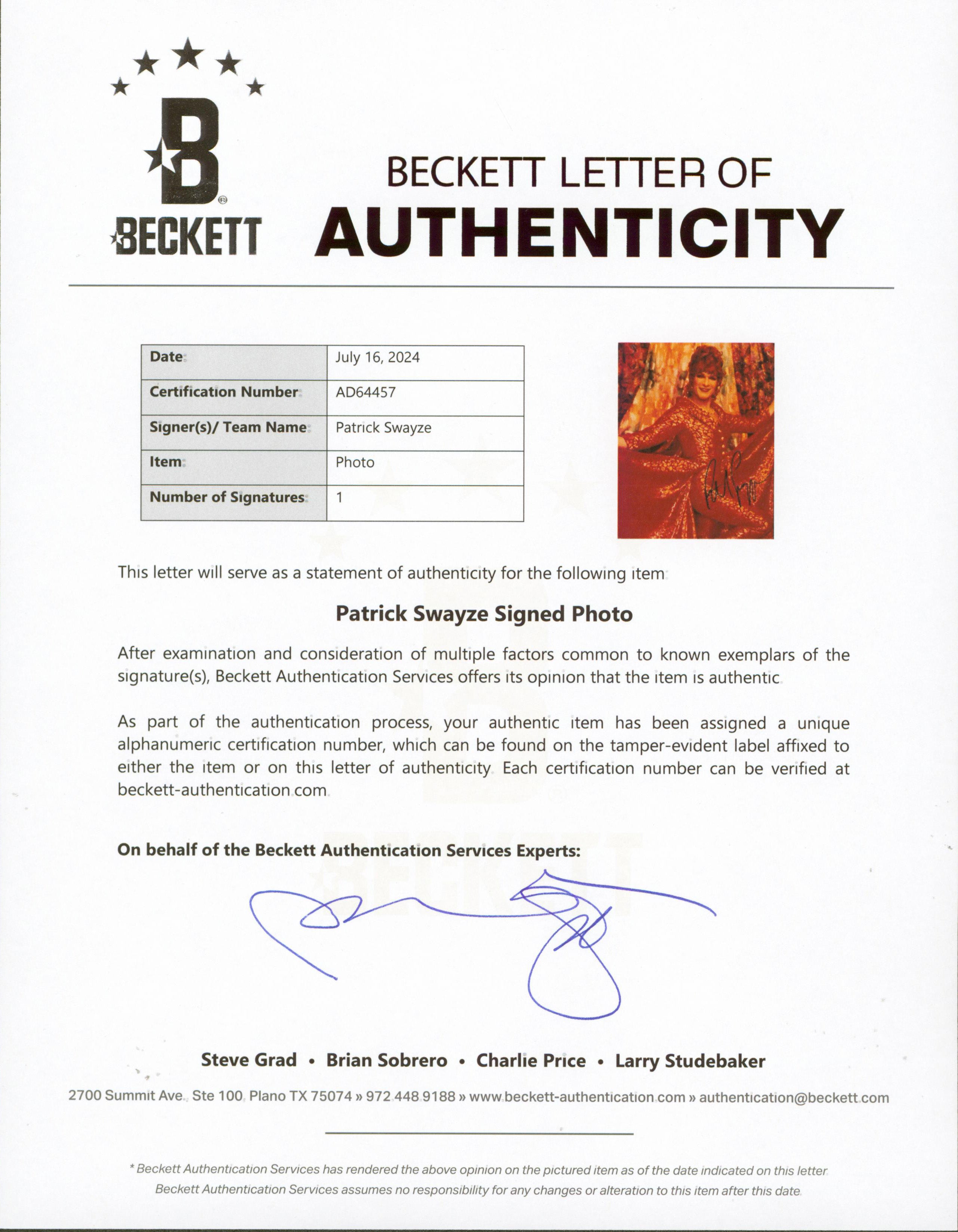 Patrick Swayze To Wong Foo Authentic Signed 8x10 Photo Autographed BAS #AD64457