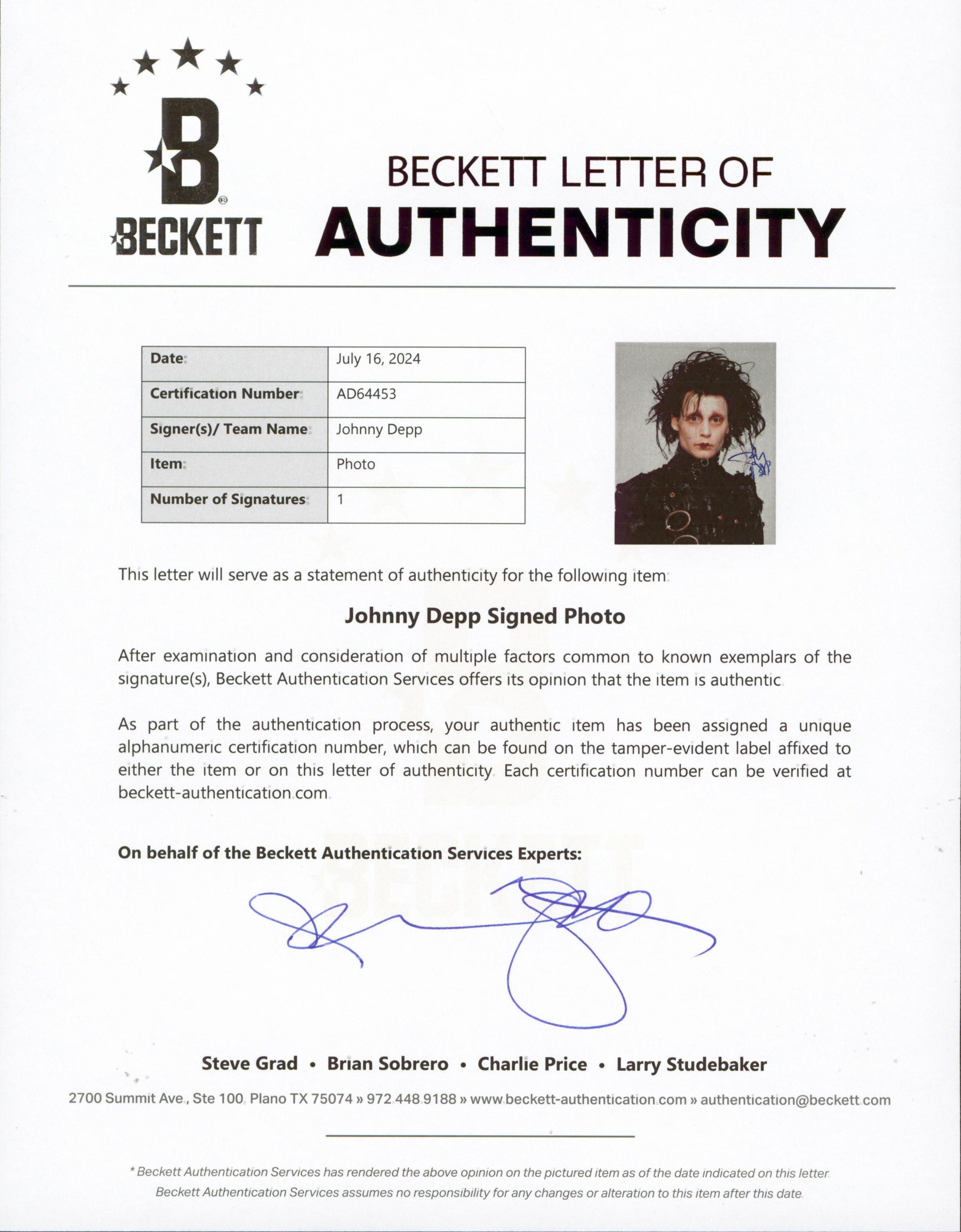 Johnny Depp Edward Scissorhands Authentic Signed 8x10 Photo BAS #AD64453