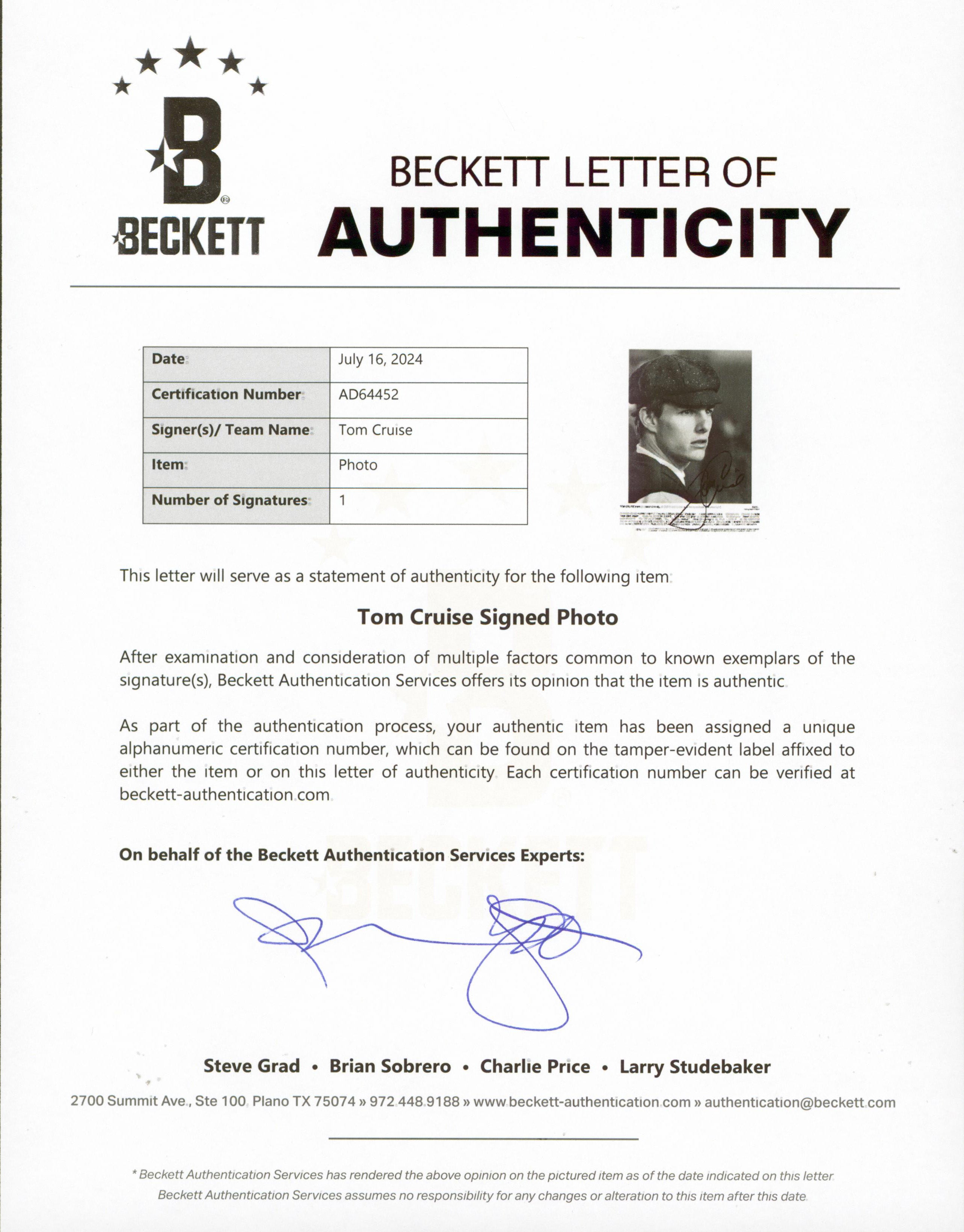 Tom Cruise Far and Away Authentic Signed 8x10 Photo Autographed BAS #AD64452