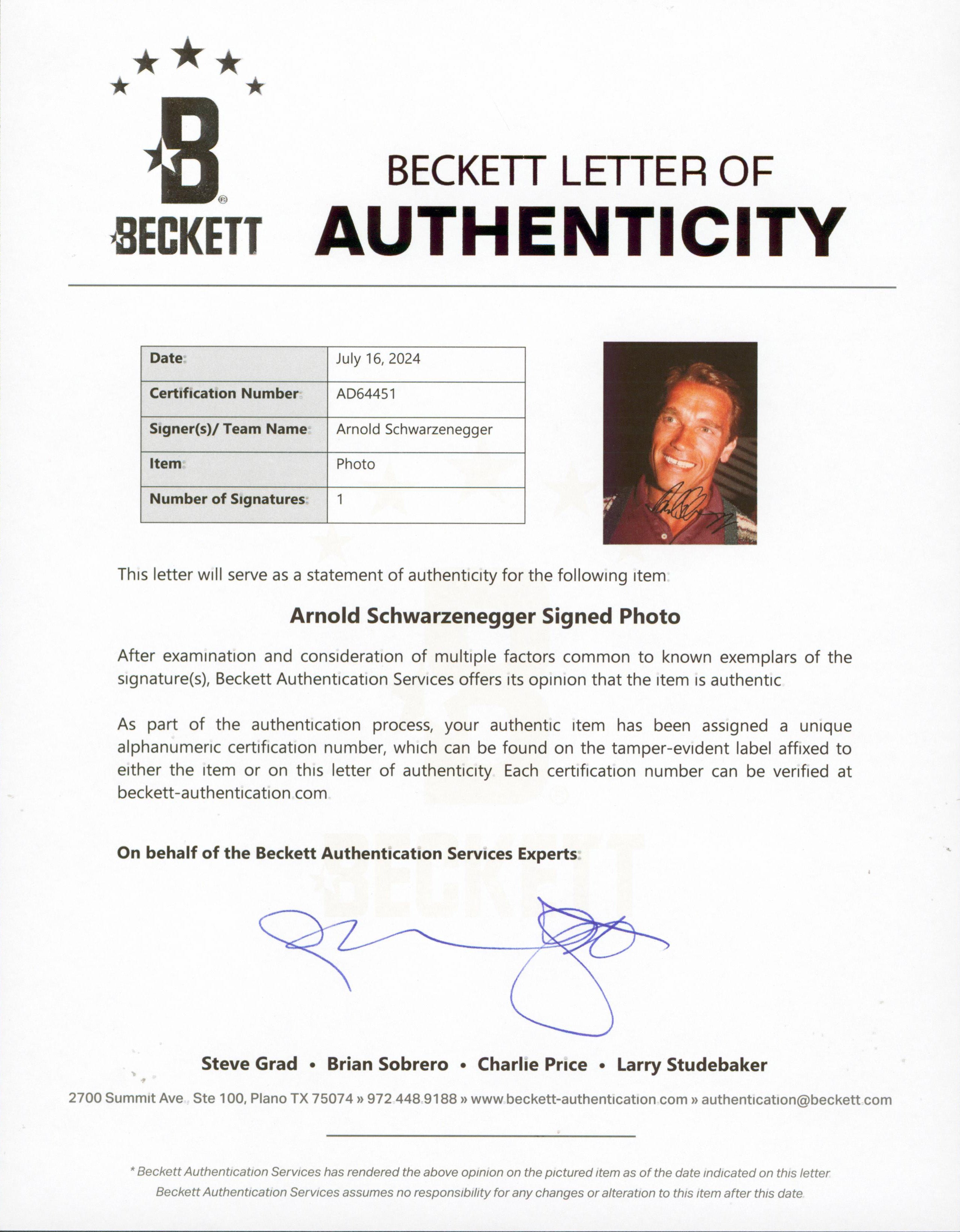 Arnold Schwarzenegger Terminator Signed 7x9 Photo Autographed BAS #AD64451