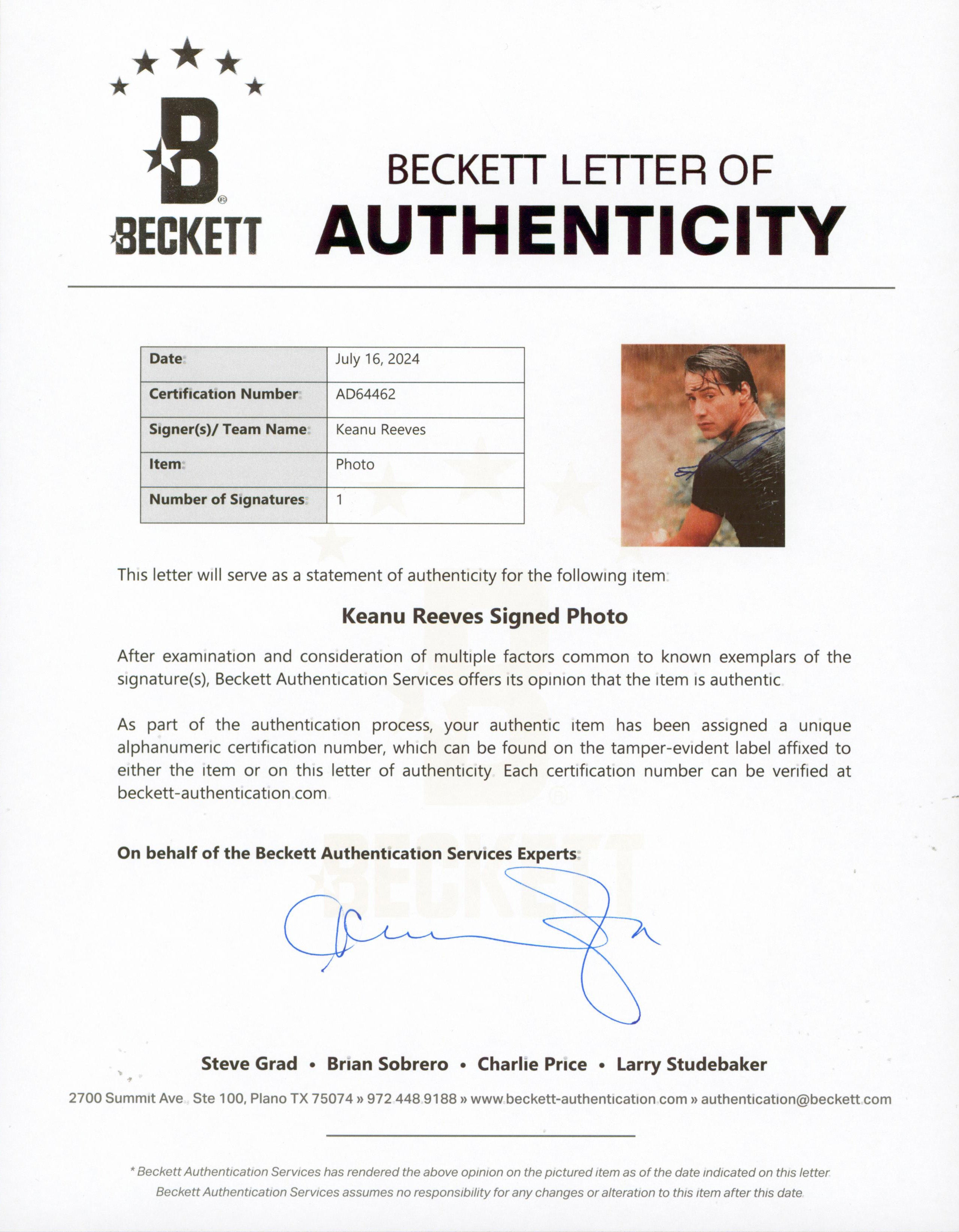 Keanu Reaves Point Break Authentic Signed 8x10 Photo Autographed BAS #AD64462