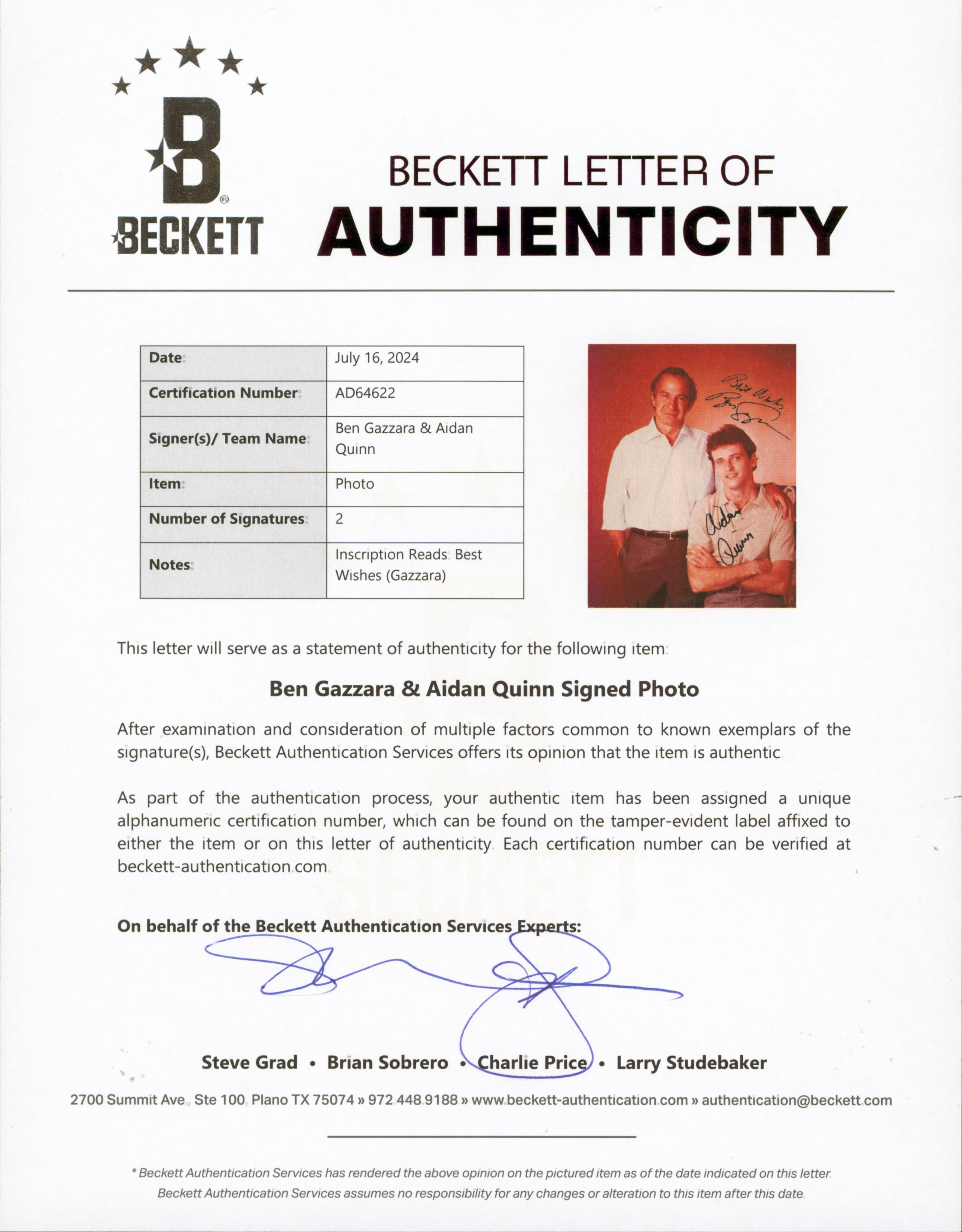 Ben Gazzara & Aidan Quinn Benny & Joon Authentic Signed 8x10 Photo BAS #AD64622