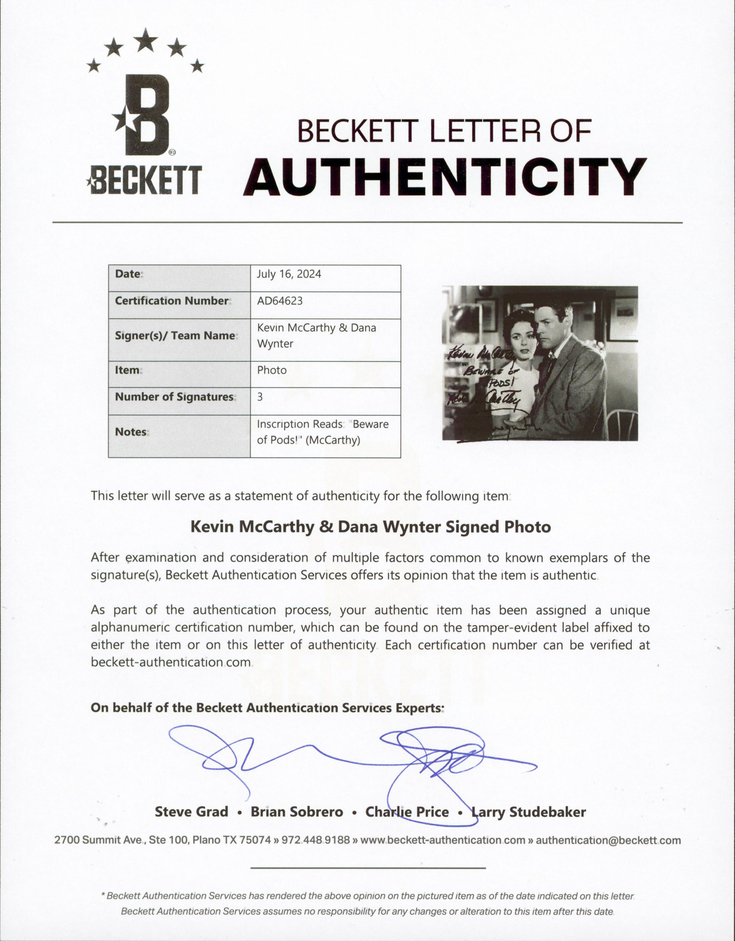 Invasion of the Body Snatchers (2) McCarthy & Wynter Signed 8x10 Photo BAS