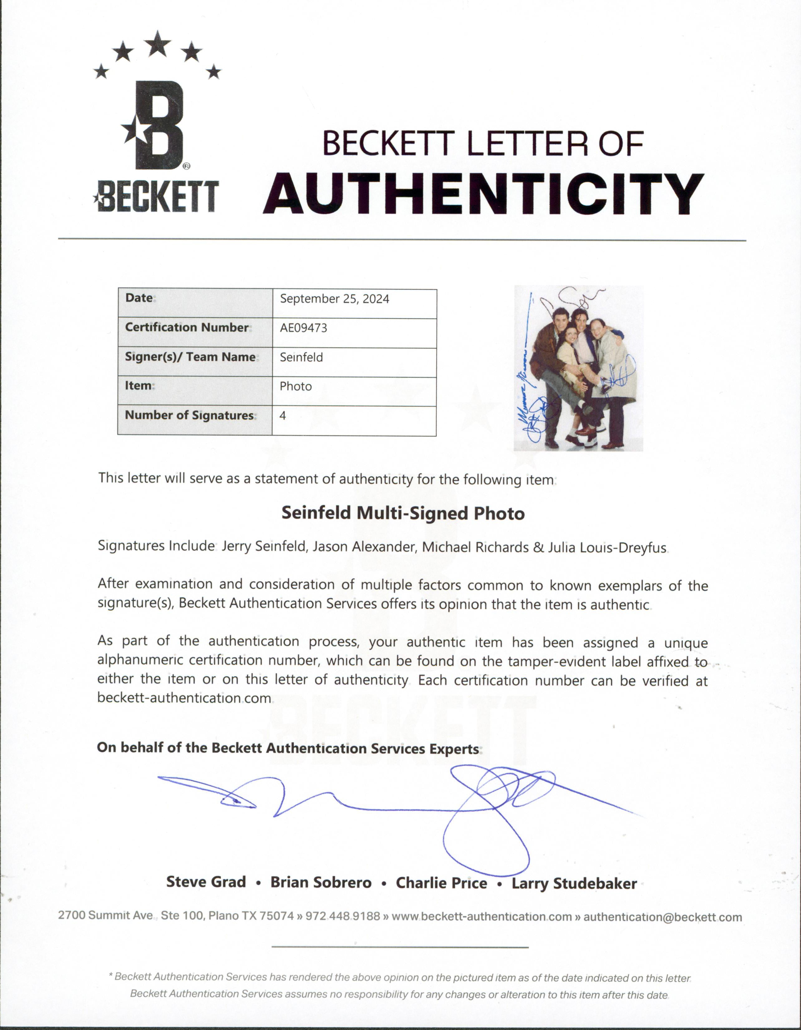 Seinfeld (4) Seinfeld, Alexander, Richards +1 Signed 11x14 Photo BAS #AE09473