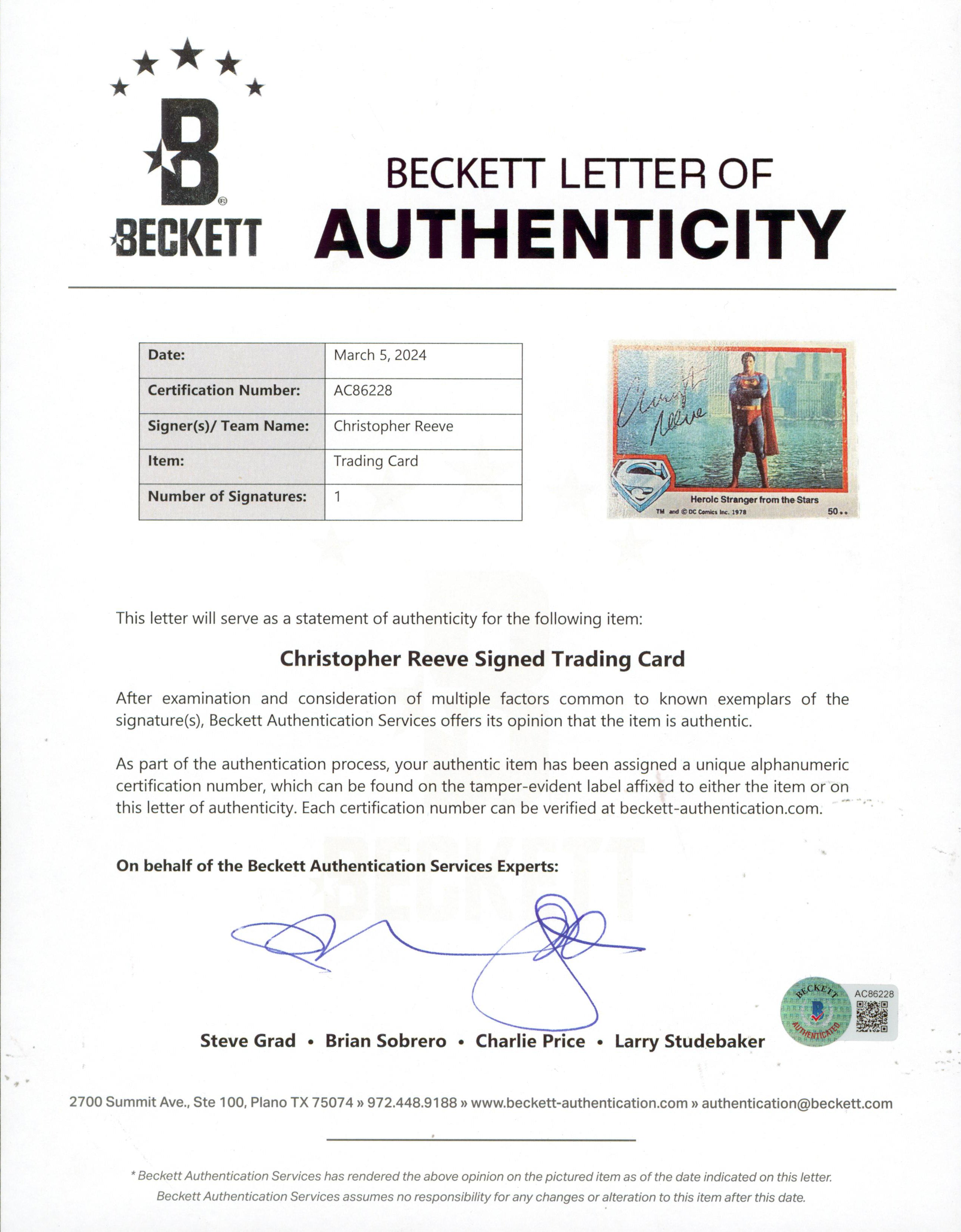 Christopher Reeve Superman Signed 1978 Topps Superman #50 Card BAS #AC86228