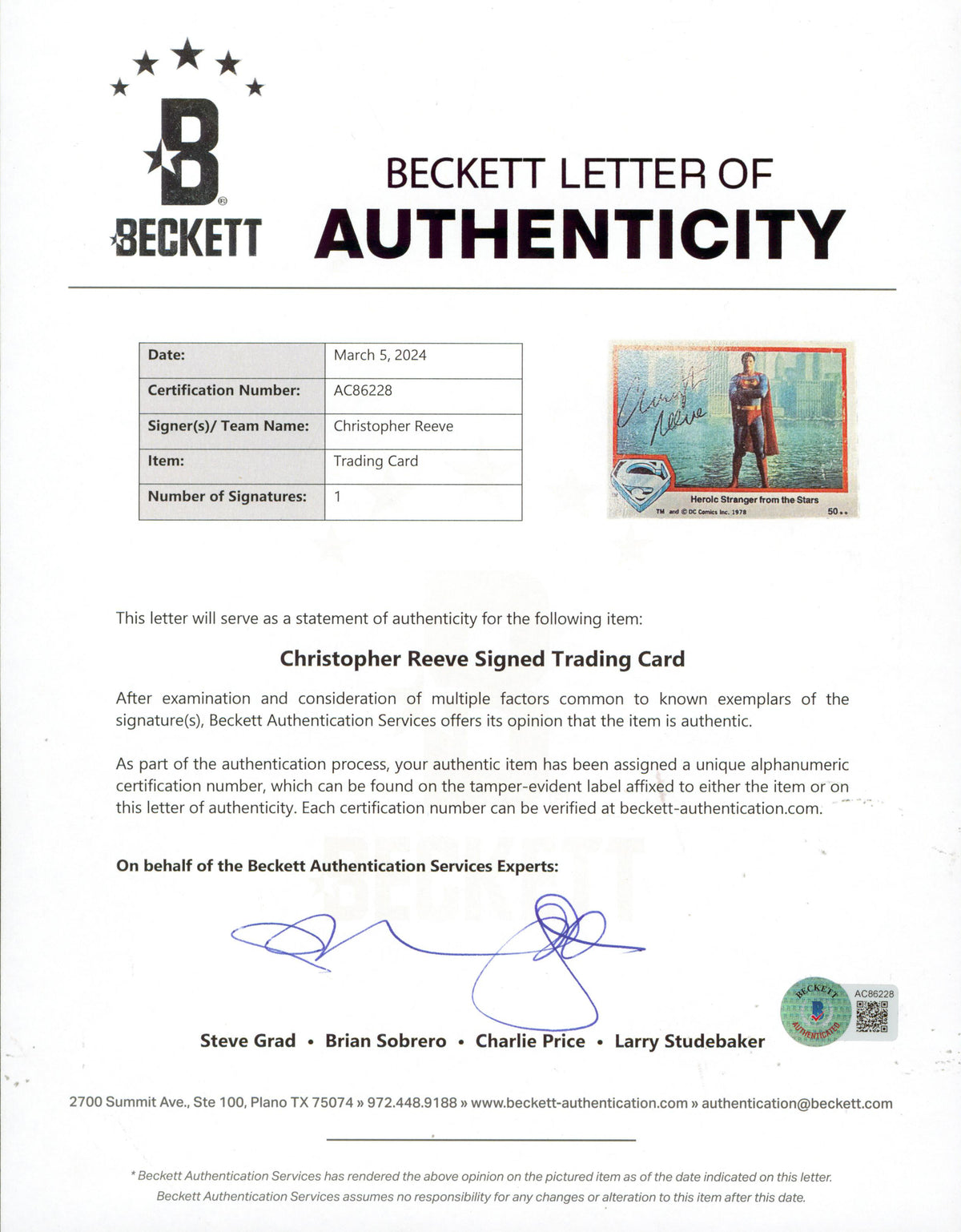 Christopher Reeve Superman Signed 1978 Topps Superman #50 Card BAS #AC86228