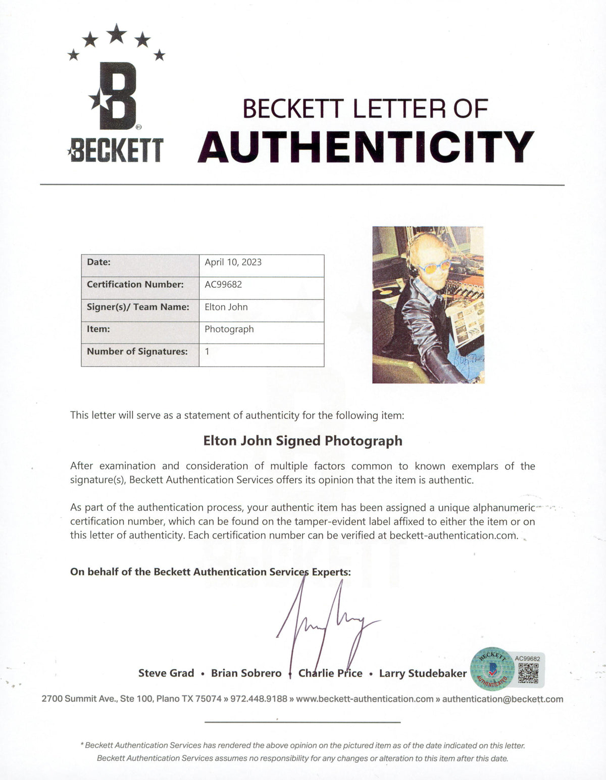 Elton John Authentic Signed 8.5x12 Magazine Page Autographed BAS #AC99682